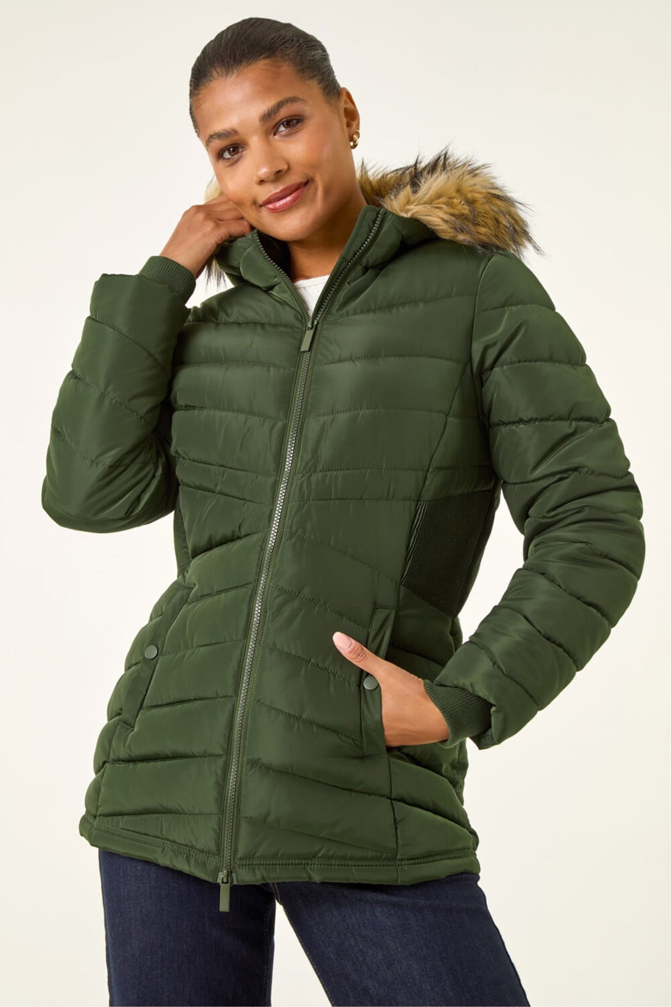 Roman Khaki Faux Fur Hooded Quilt Coat - 20