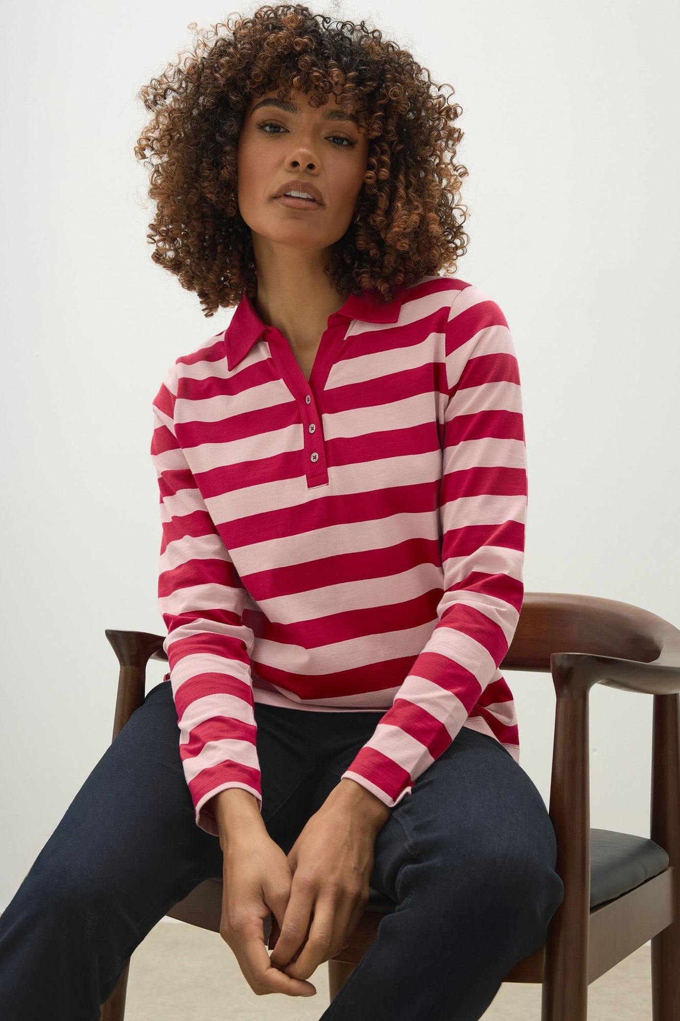Long Tall Sally Chocolate Brown Striped Jersey Polo Top - 14