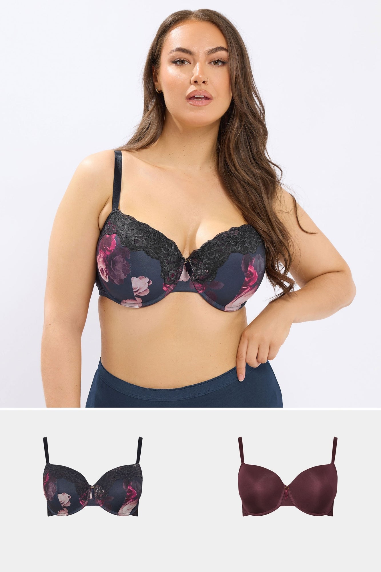 Yours Curve Black Lace Leopard Trim Padded Bra - 46D | Matalan