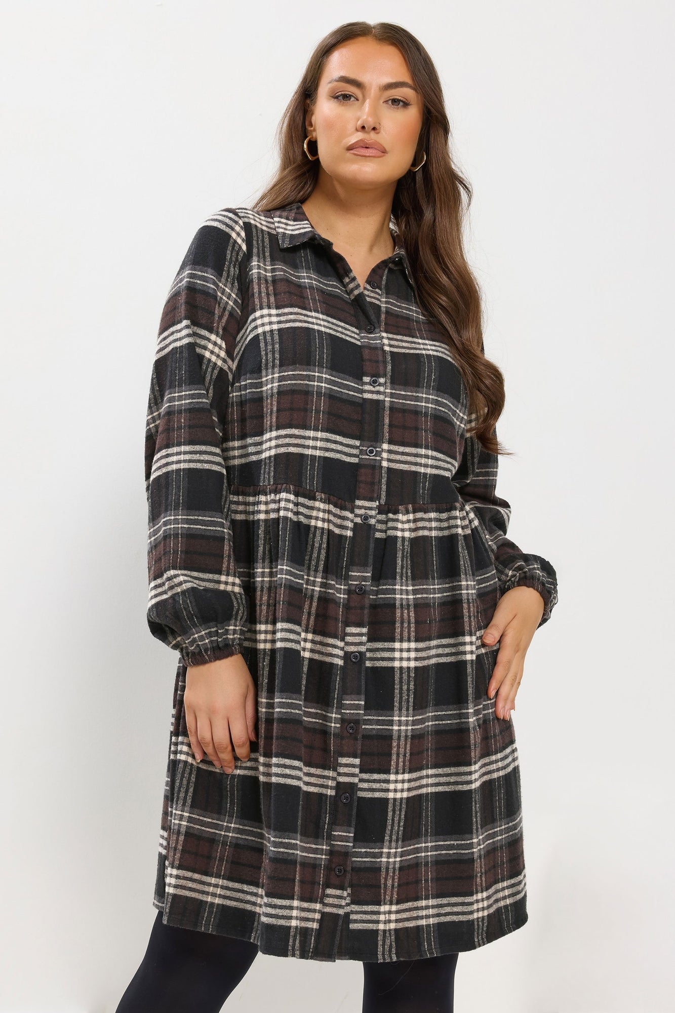 Yours Curve Chocolate Brown Check Shirt Dress - 14 | Matalan