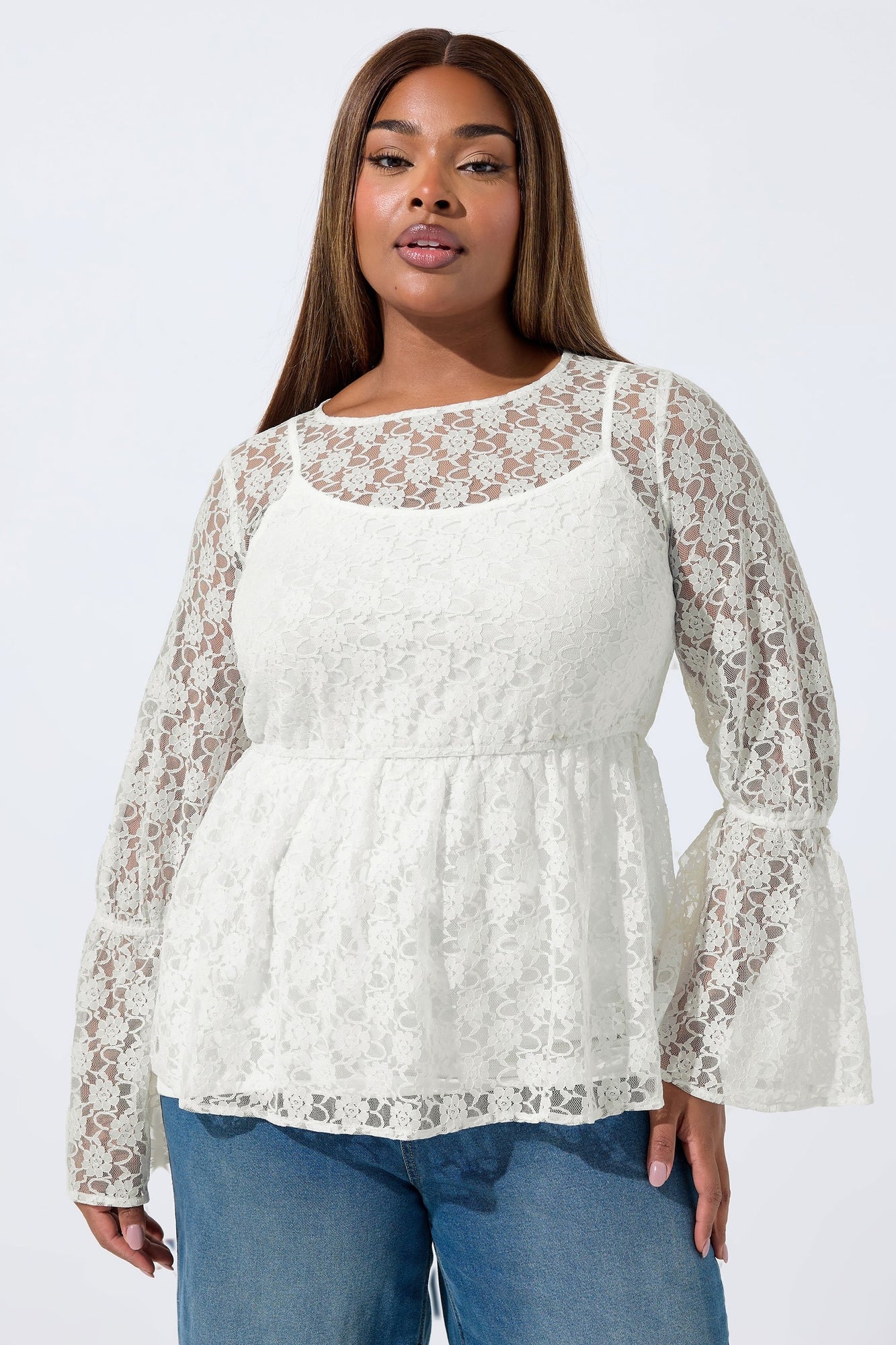 Yours Limited Curve Cream Lace Flare Sleeve Peplum Top - Size 16
