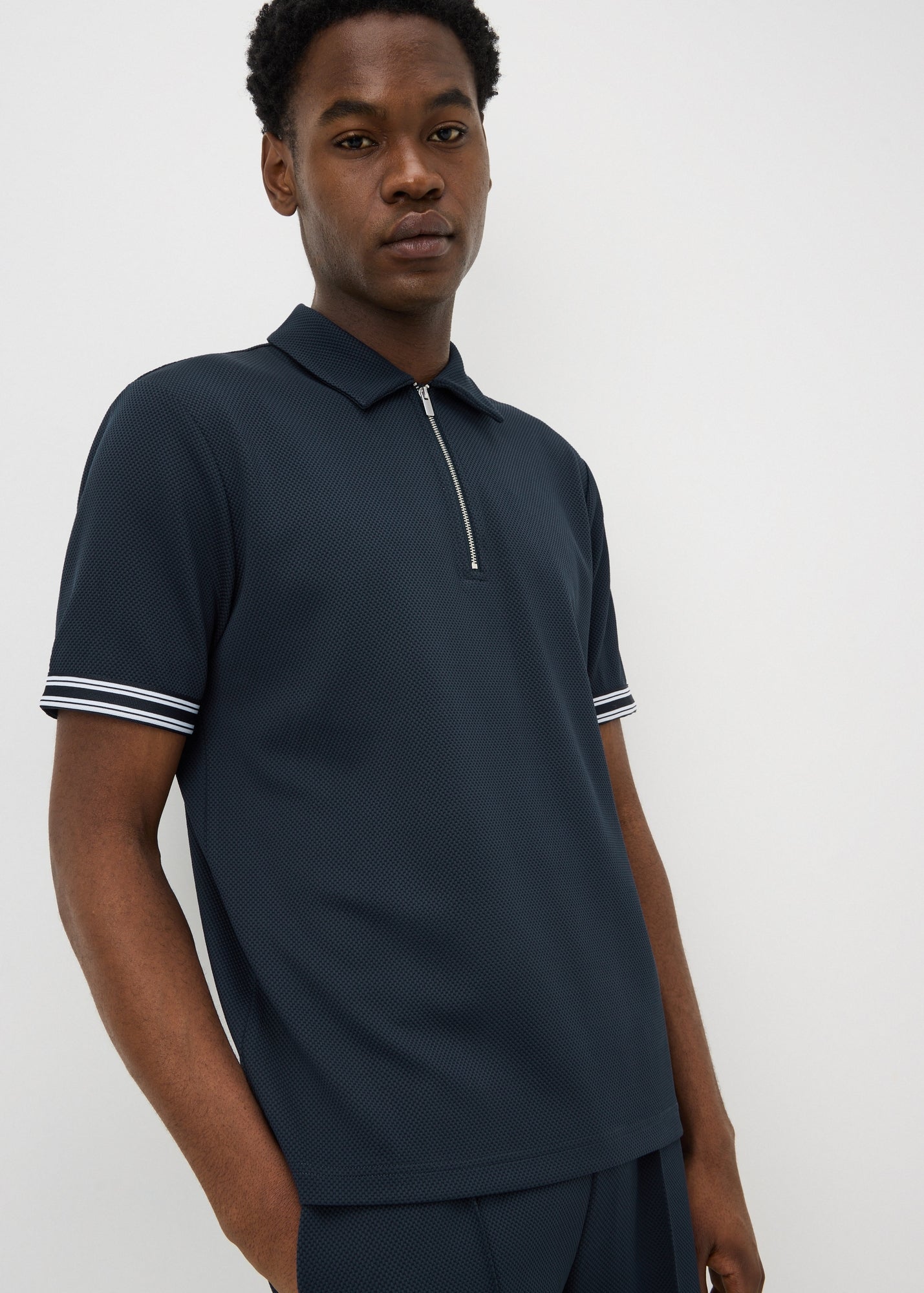 Navy Textured Zip Co Ord Polo Shirt - S