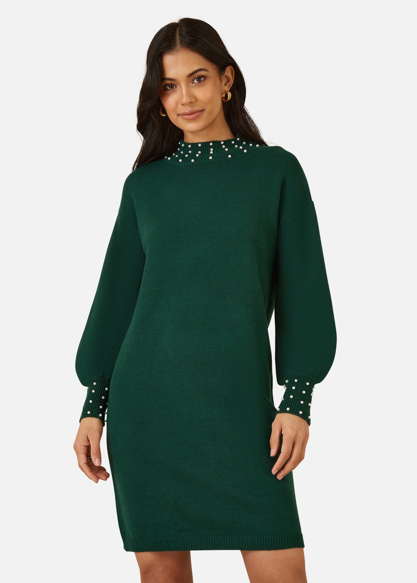 Yumi Green Pearl Detail Knitted Relaxed Jumper Dress - M | Matalan