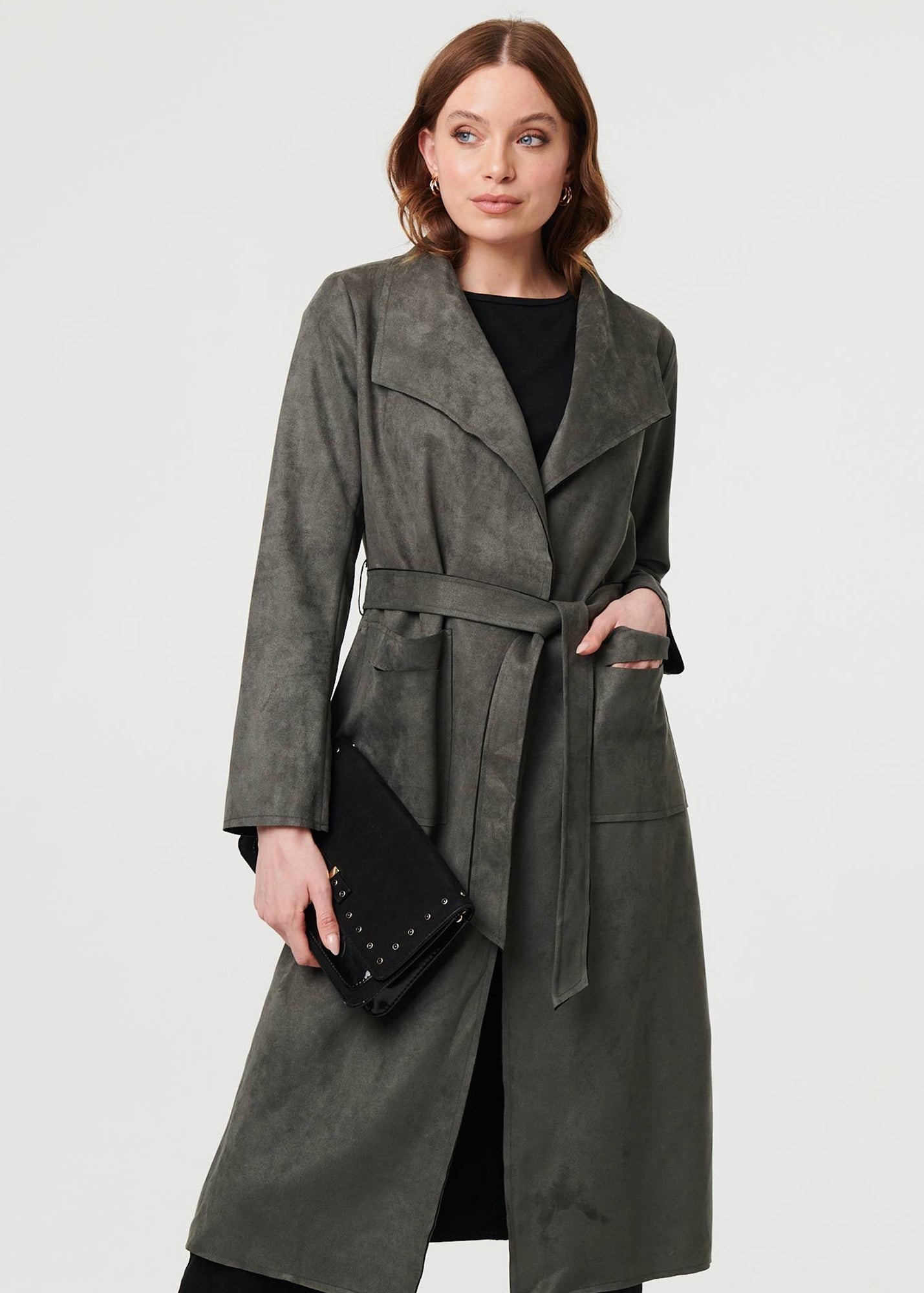Izabel London Olive Suedette Tie Waist Longline Trench Coat - 8