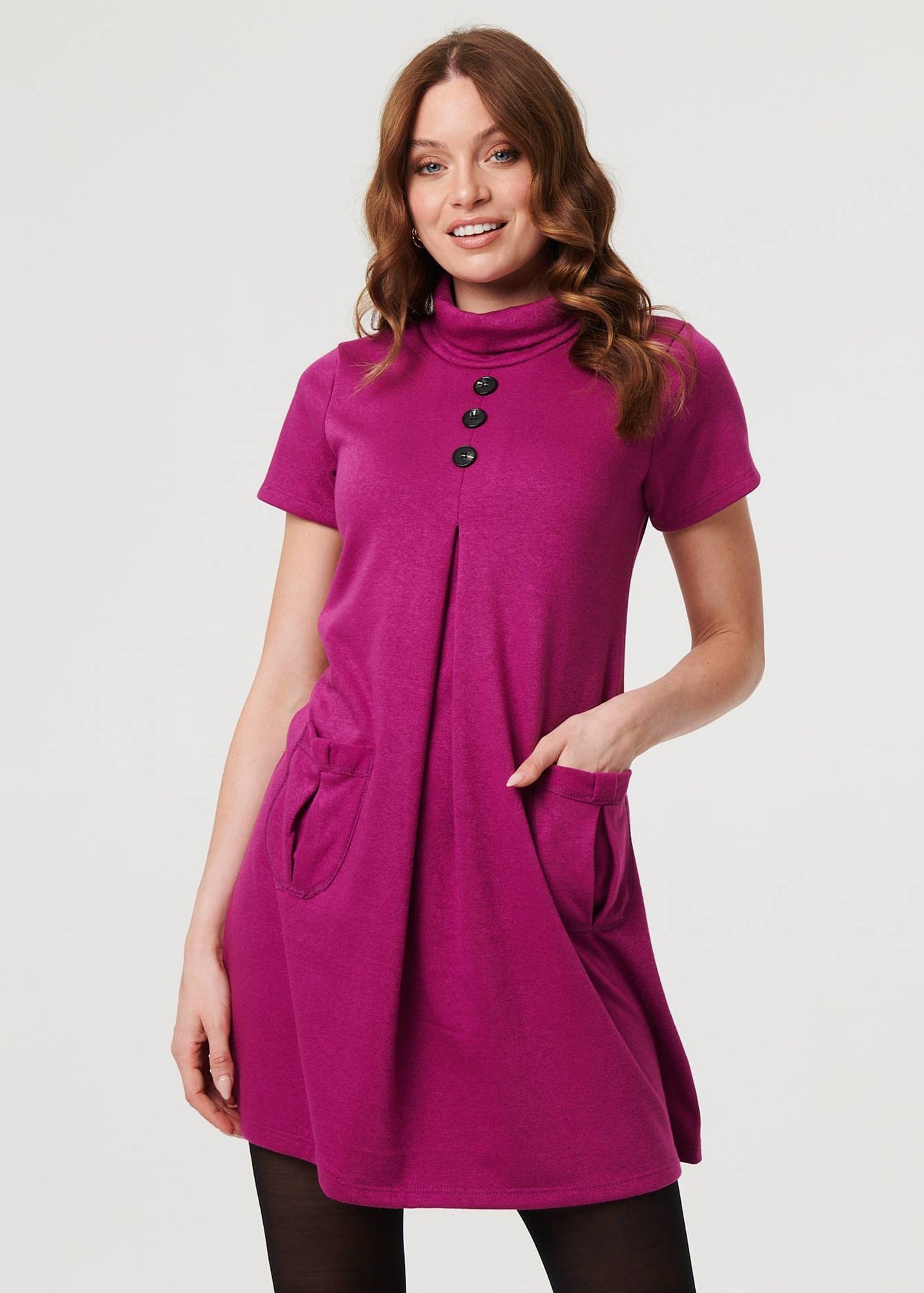 Izabel London Purple Cowl Neck Button Front Short Shift Dress - 16