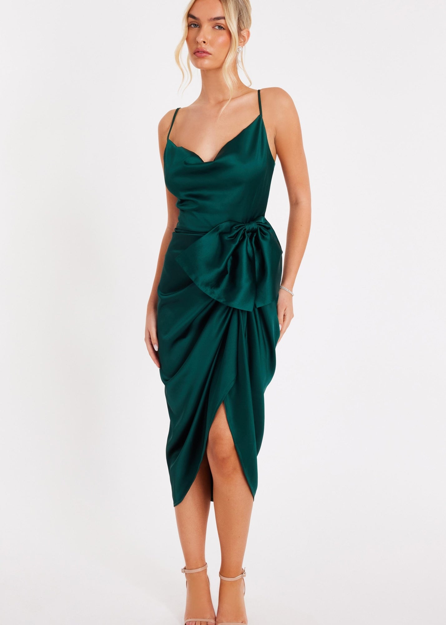 quiz green satin dress Bow Front Midi - 6 Homedecor