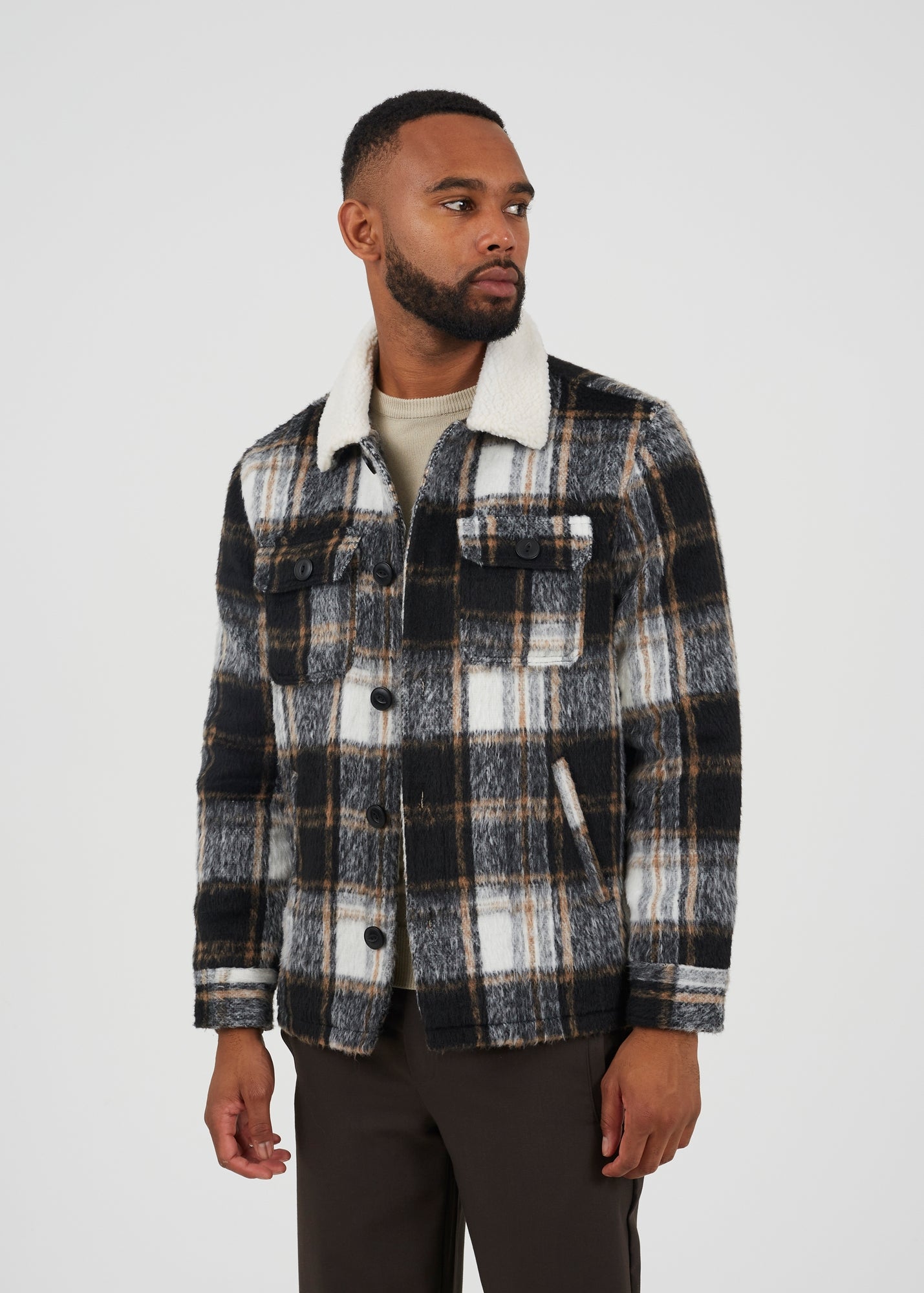 Brave Soul Black Brushed Check Jacket With Sherpa Collar - L