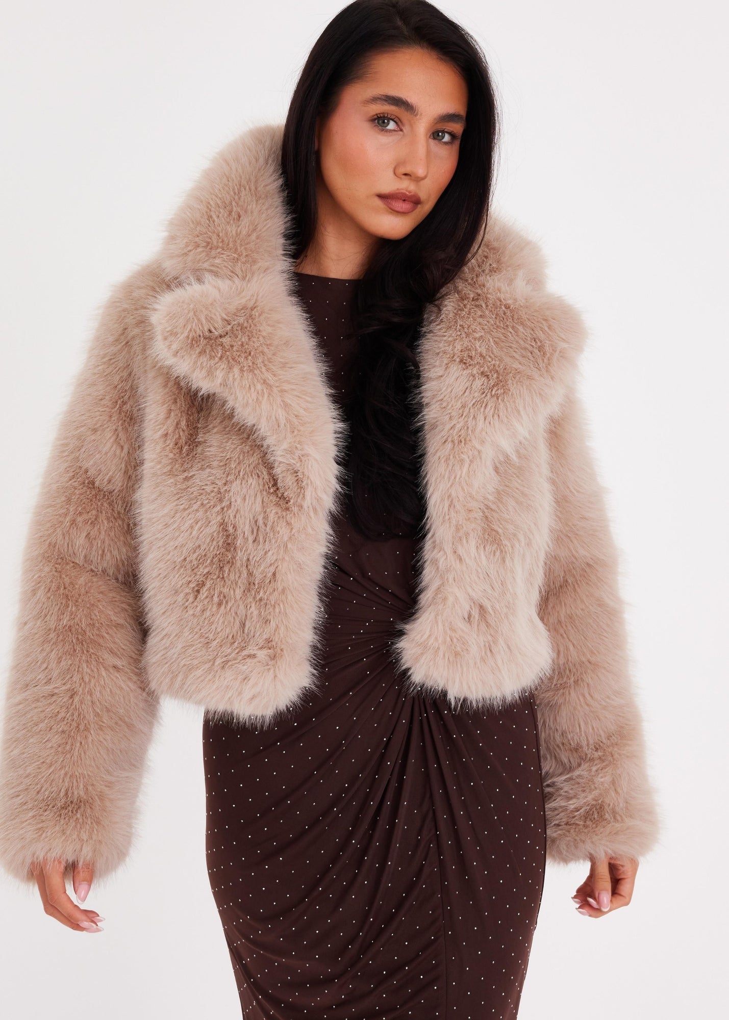 Quiz Stone Faux Fur Cropped Jacket - 14 | Matalan