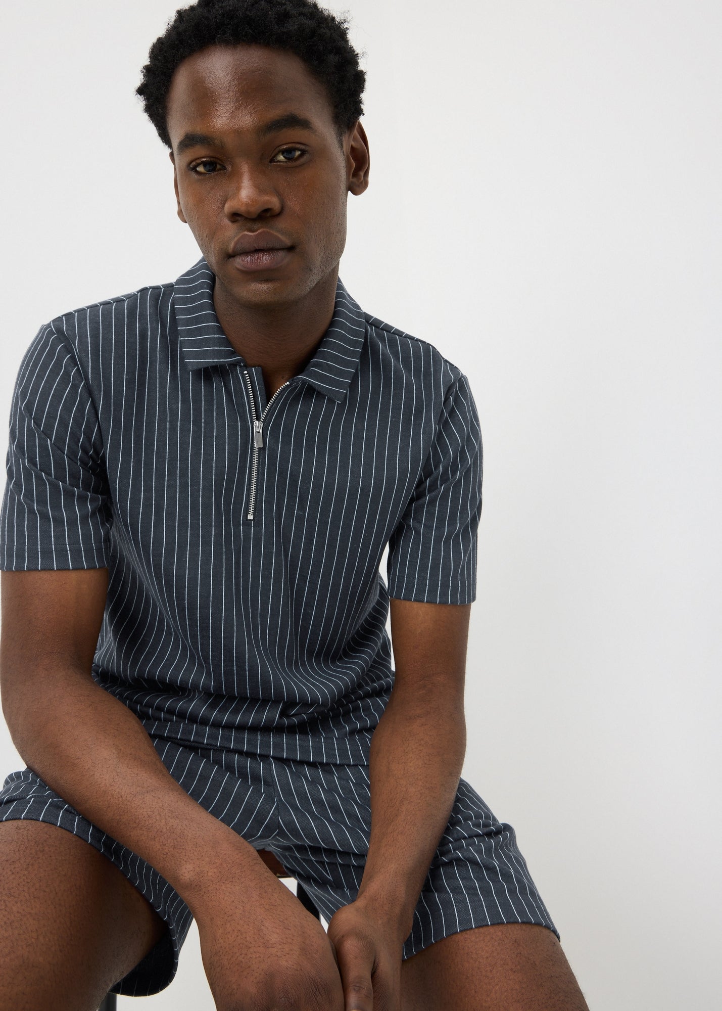 Navy Pin Stripe Zip Co Ord Polo Shirt - S