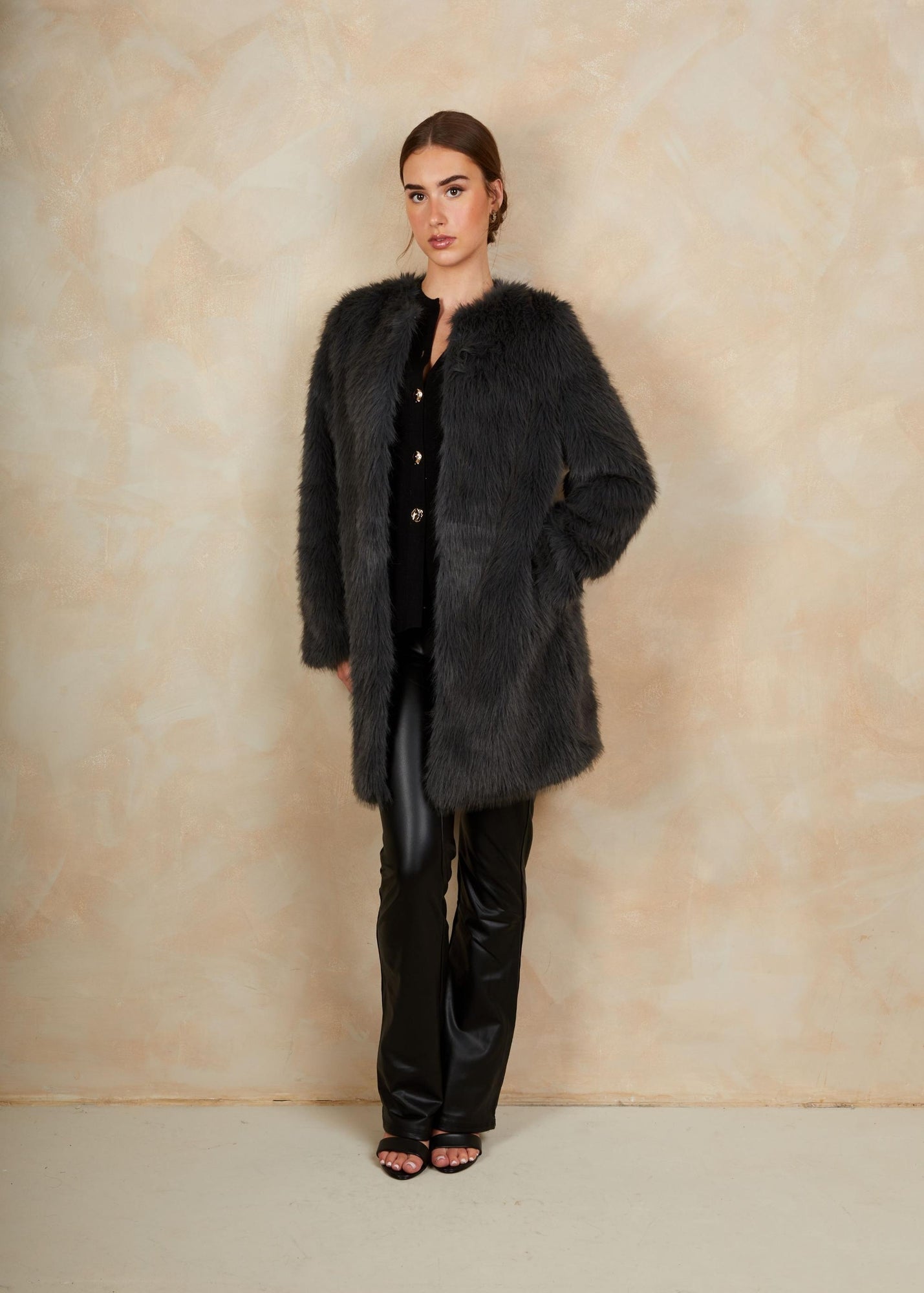 Chi Chi London Grey Shaggy Faux Fur Coat - 16 | Matalan