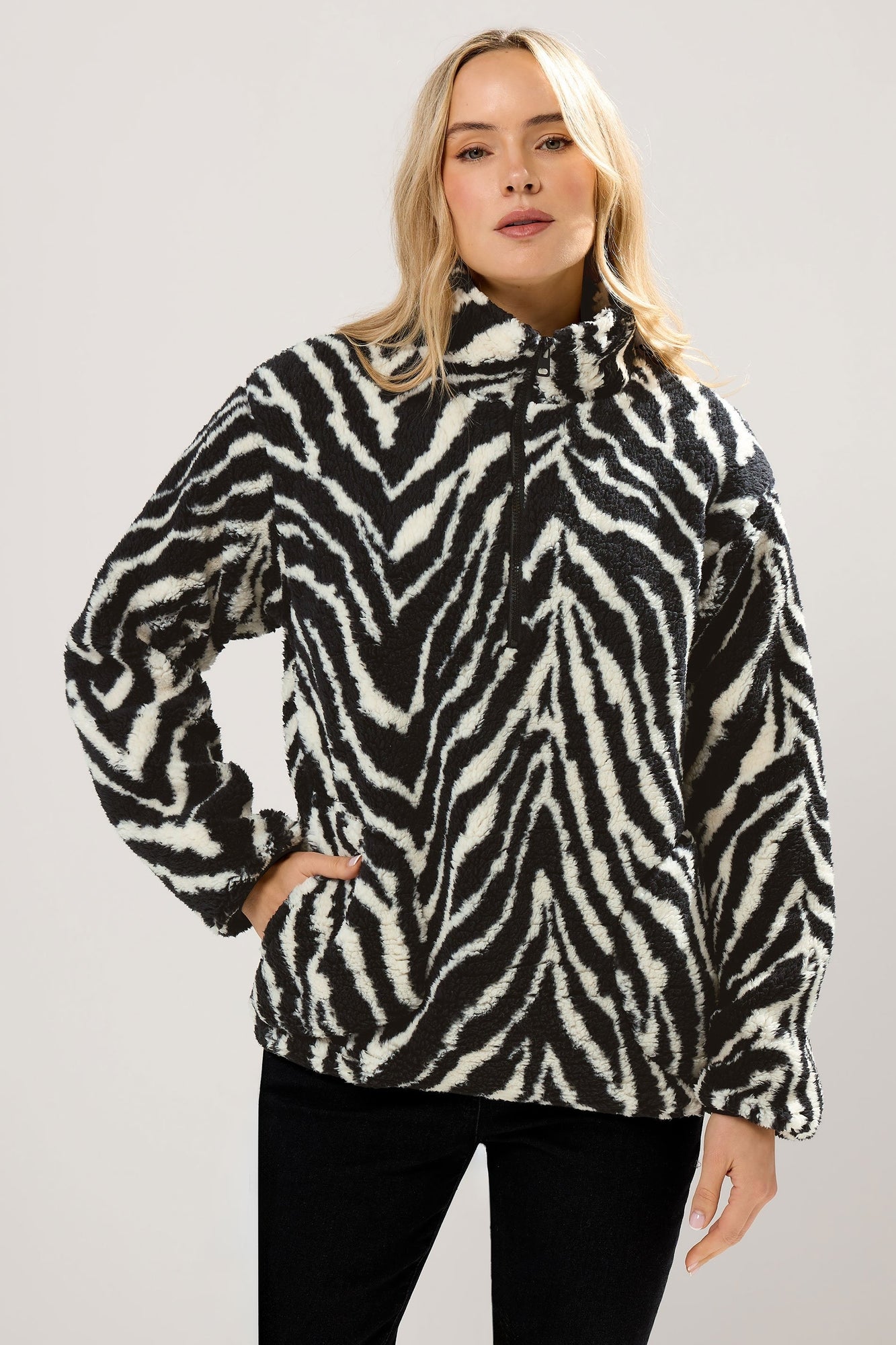 Long Tall Sally Black Zebra Half Zip Fleece Jacket - 8 | Matalan