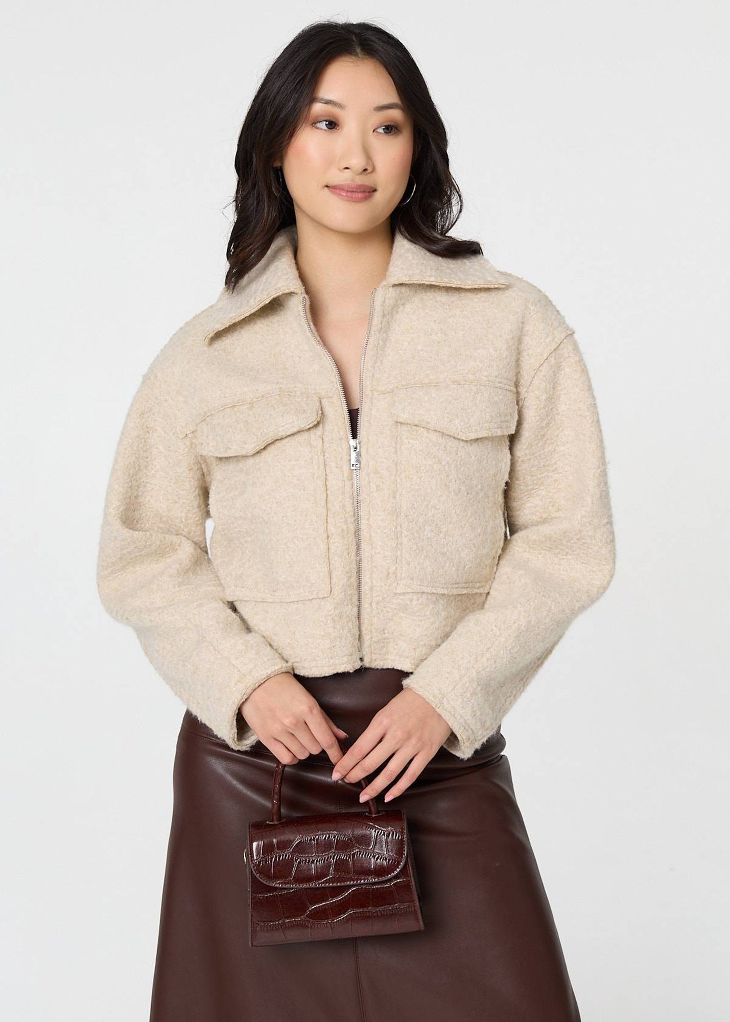 Izabel London Beige Collared Pocket Front Cropped Jacket - L
