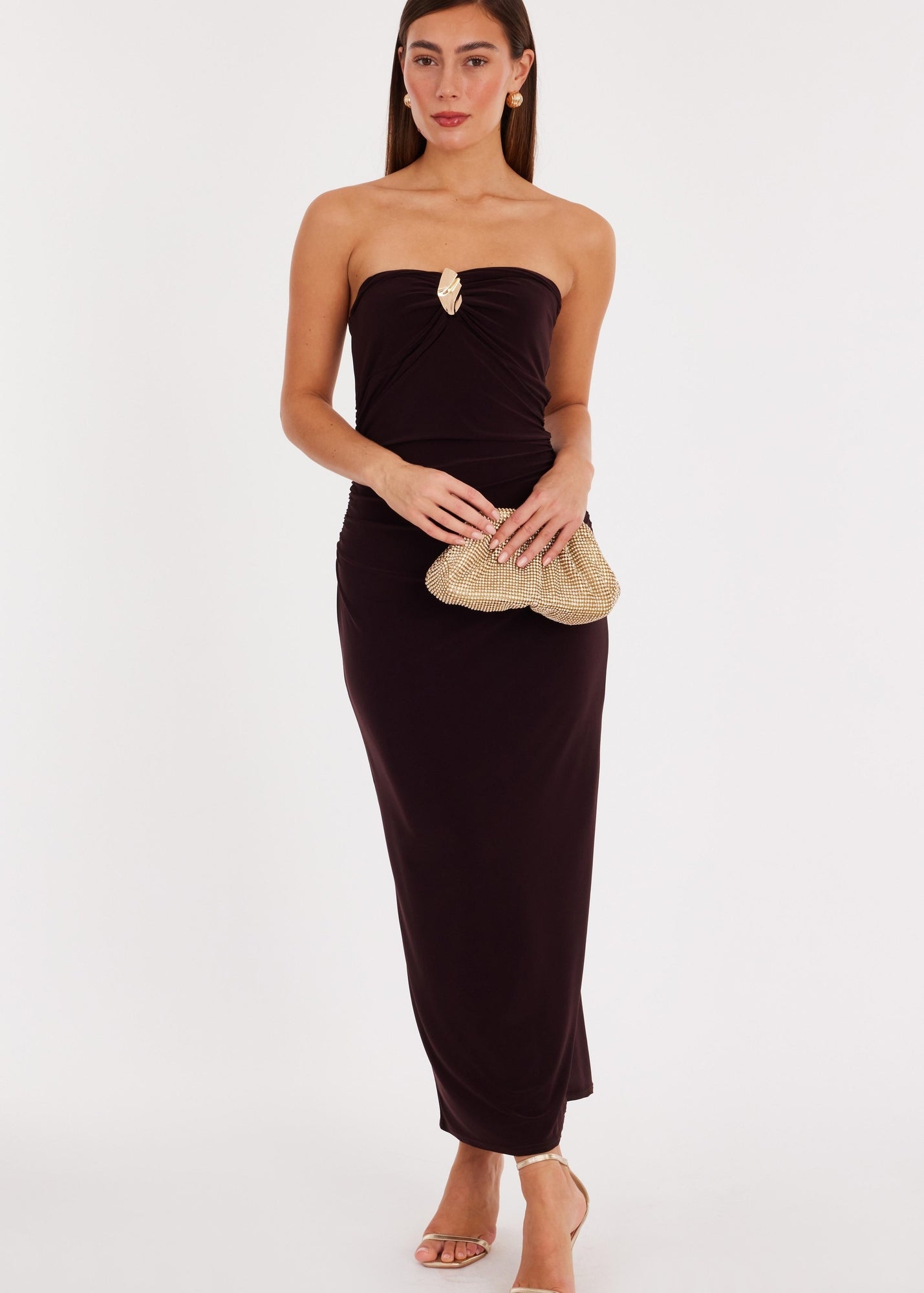 shape chocolate brown bandeau ruched midaxi dress Short dress, nude dress, light brown dress, bodycon dress , nude tunic, sexy beige dress, party dress, bachelorette dress main image 1