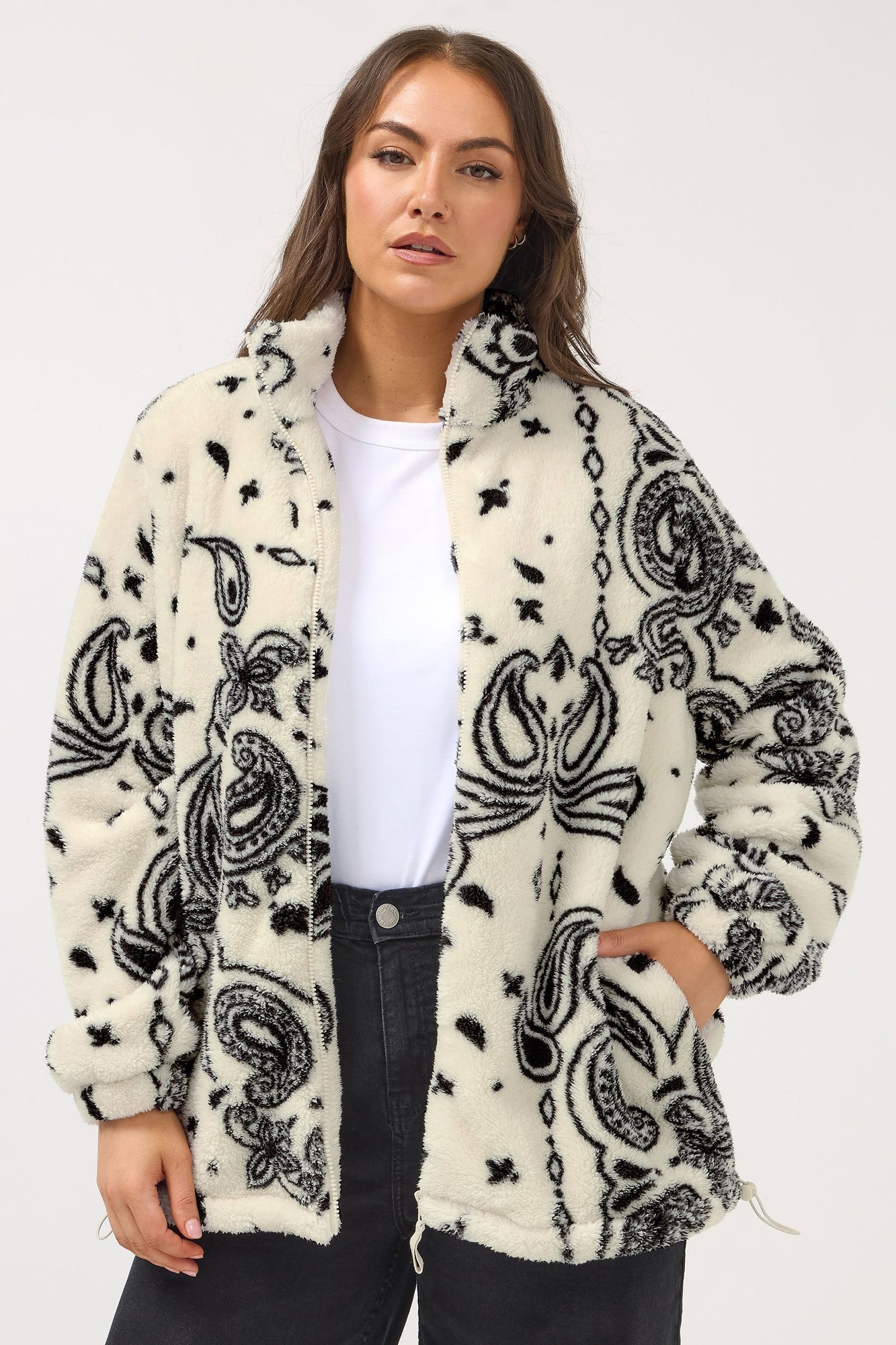 Yours Curve Ivory White Paisley Zip Through Fleece Jacket - 20