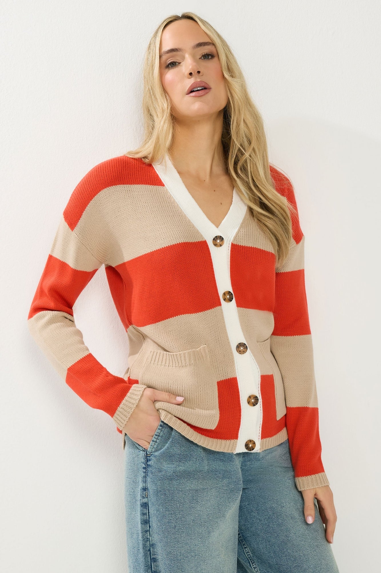 Long Tall Sally Natural Brown & Red Stripe Cardigan - 10-12 | Matalan