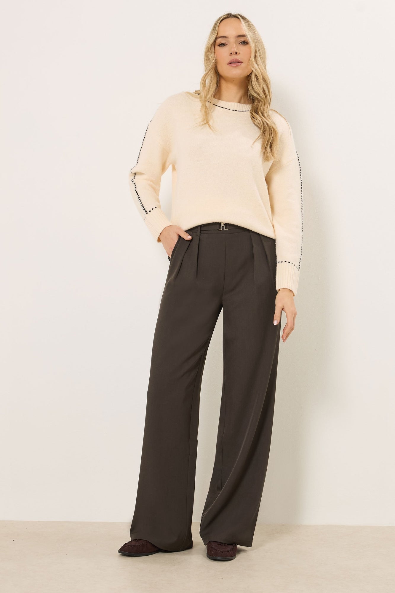 Long Tall Sally Chocolate Brown Buckle Wide Leg Trousers - 12/L36