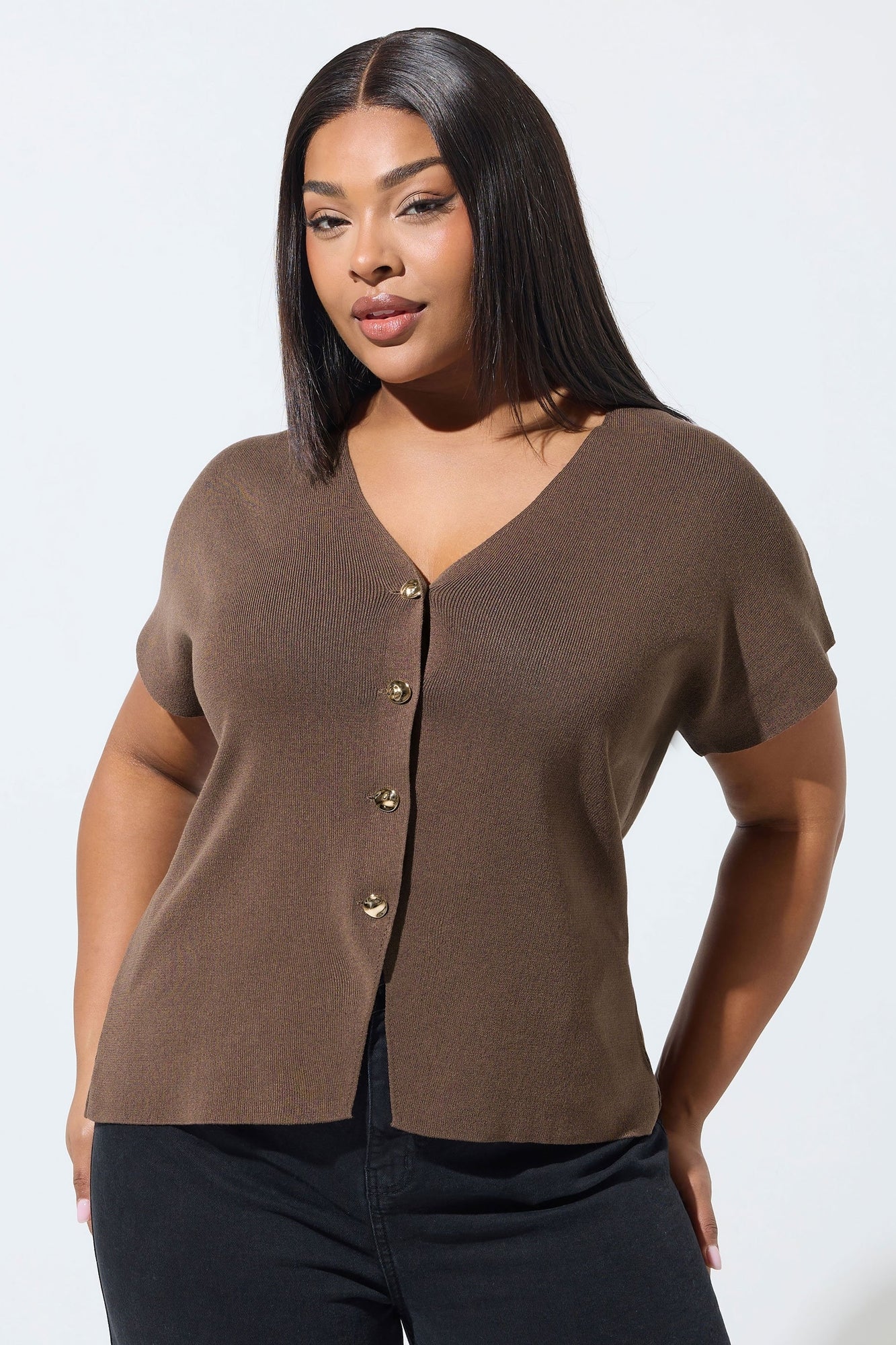 トップス Shannon tulle knit tops Yours Limited Curve Chocolate Brown Short Sleeve Knitted Top - 30