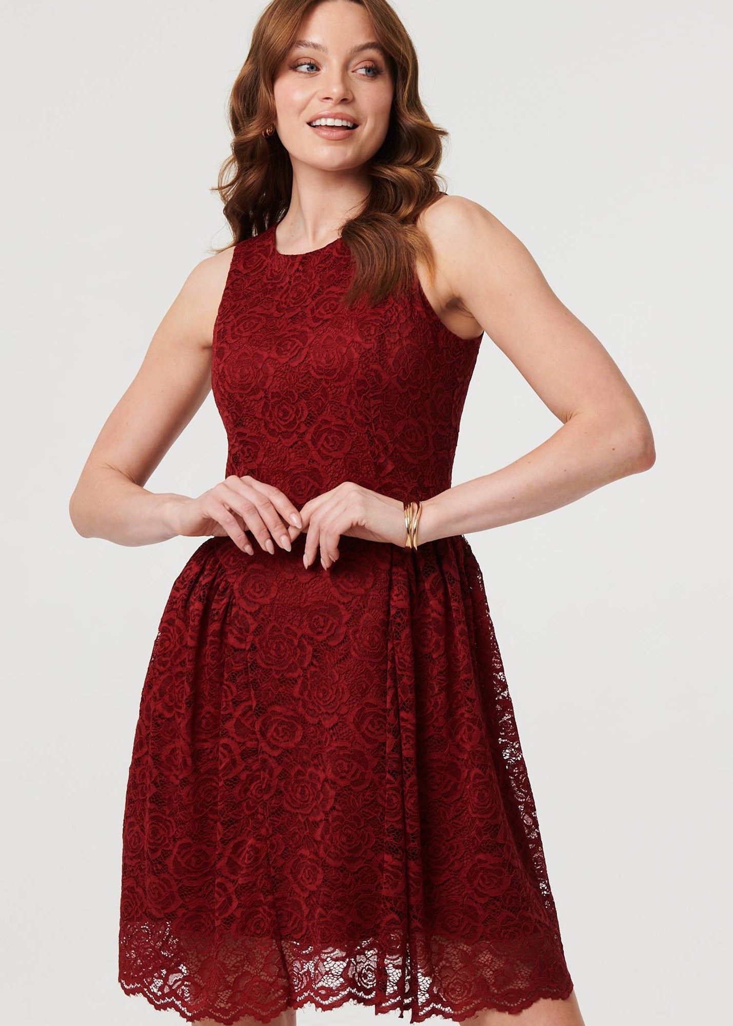 Izabel London Burgundy Lace Layer Sleeveless Short Skater Dress - 16
