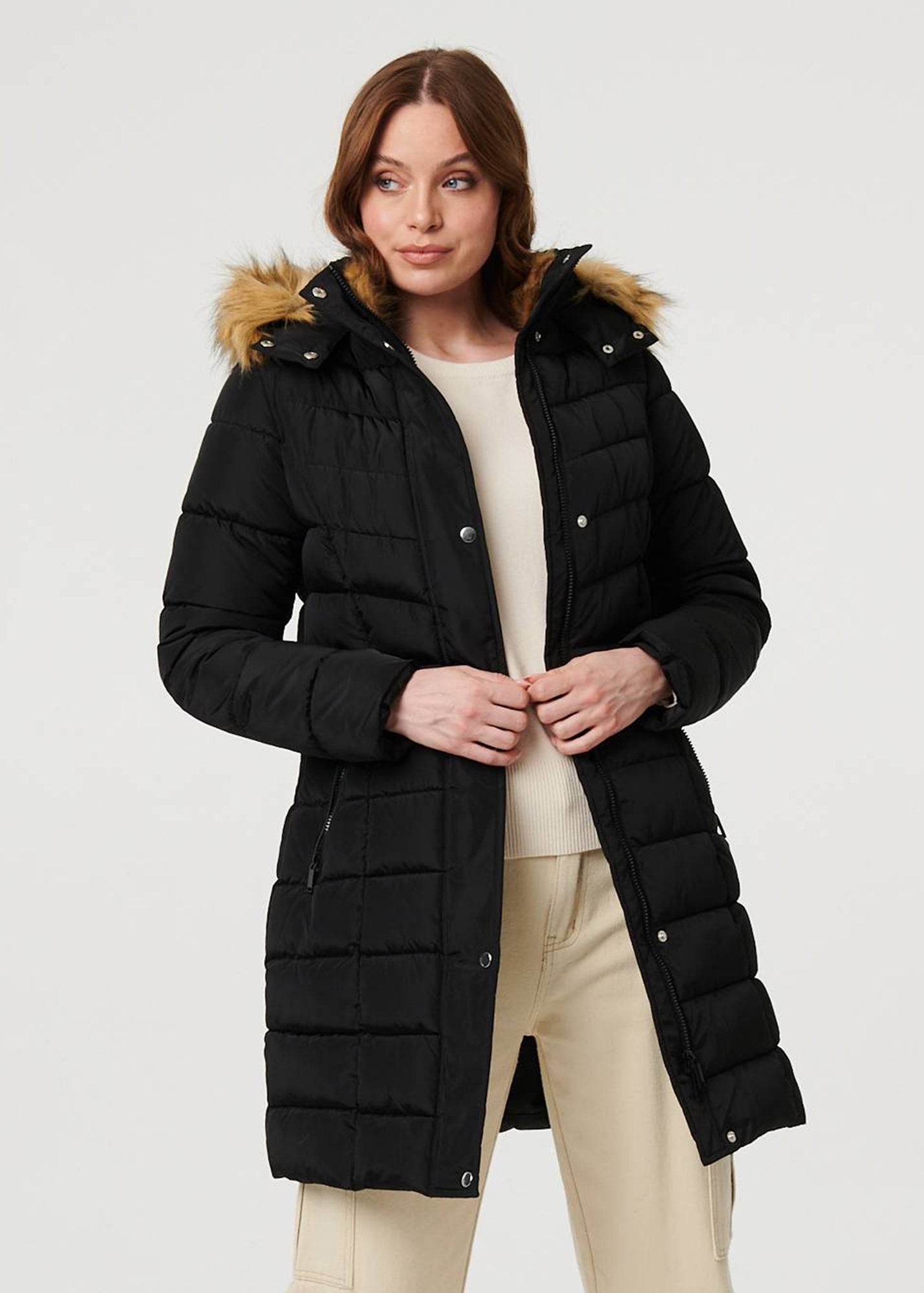 Izabel London Black Hooded Faux Fur Trim Longline Jacket - 8 | Matalan
