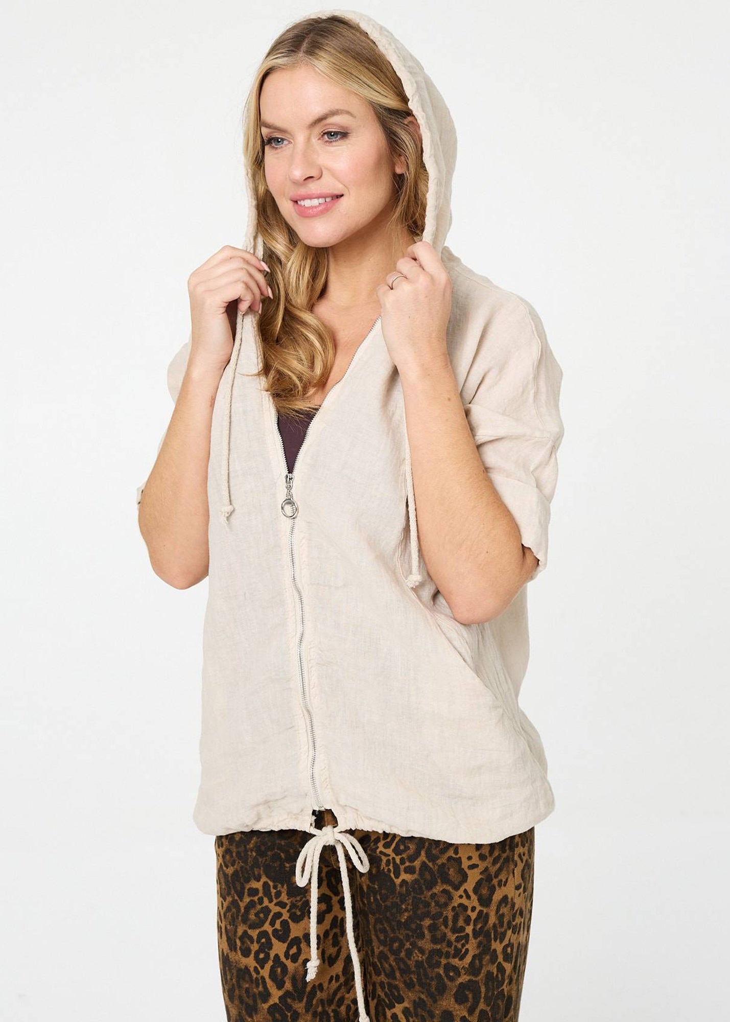 Izabel London Beige Zip Front Drawstring Hooded Parka Jacket - 10