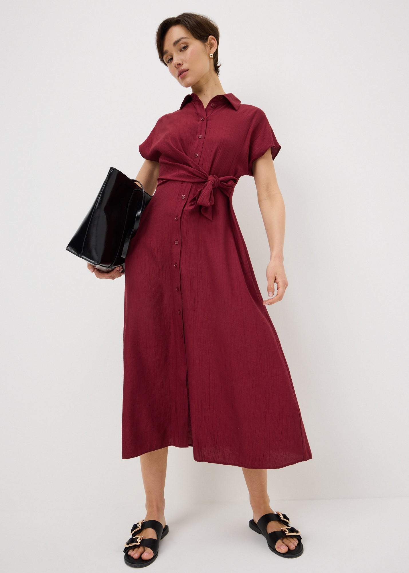 Red Tie Front Midi Shirt Dress - 8 | Matalan