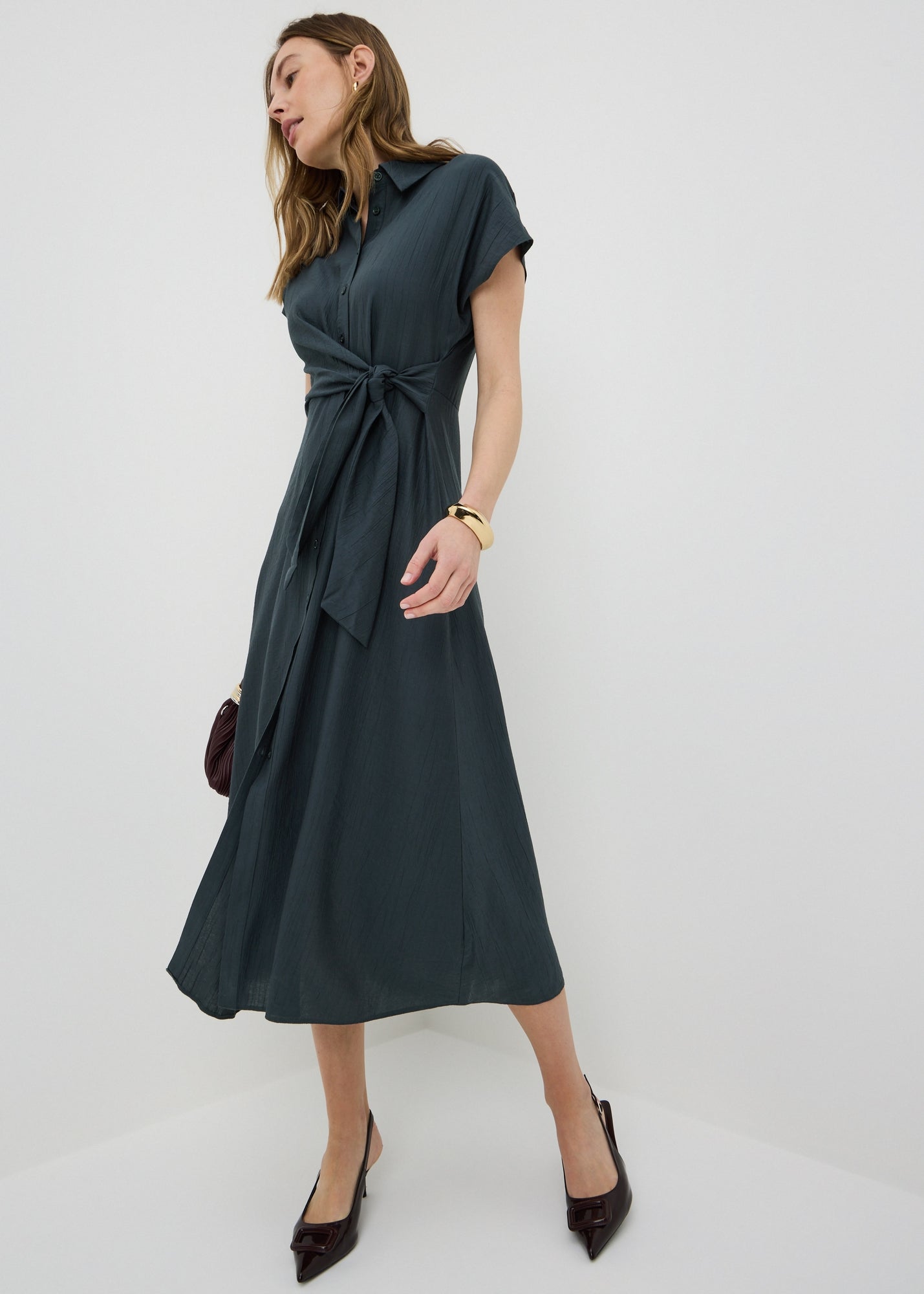 Navy Tie Front Midi Shirt Dress - 8 | Matalan