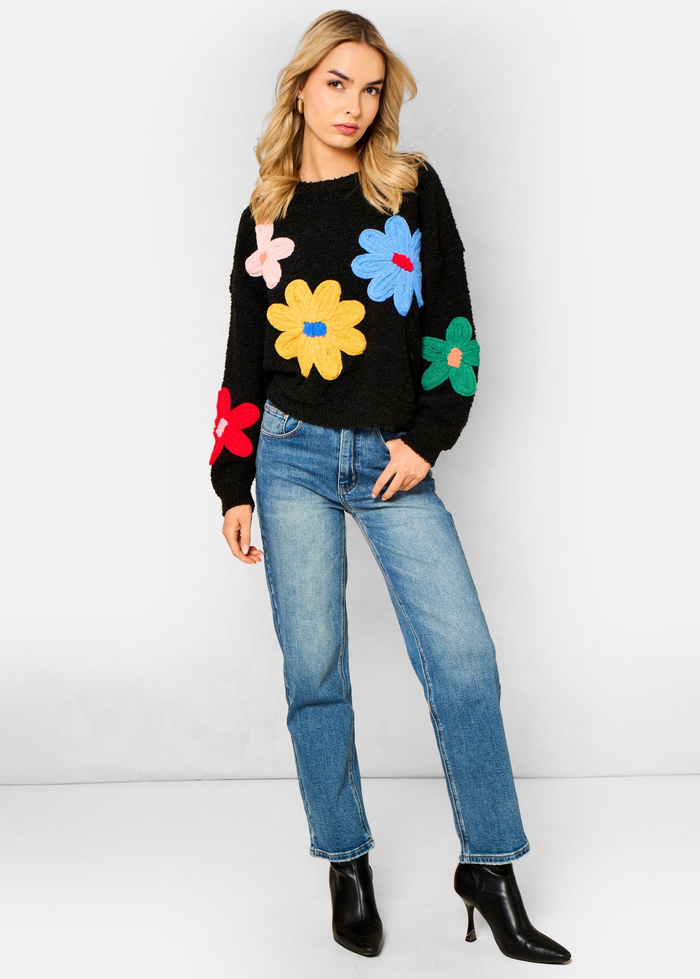 Gini London Black 3D Flower Crochet Knitted Jumper - S/M | Matalan