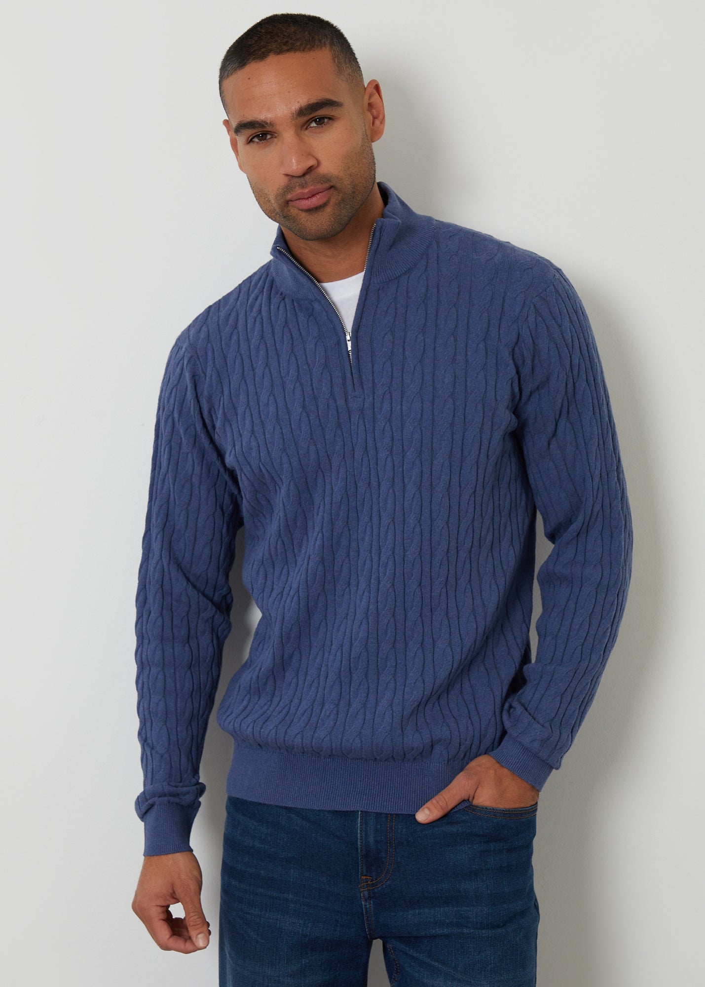 Threadbare Blue Cable Knit Quarter Zip Jumper - S | Matalan
