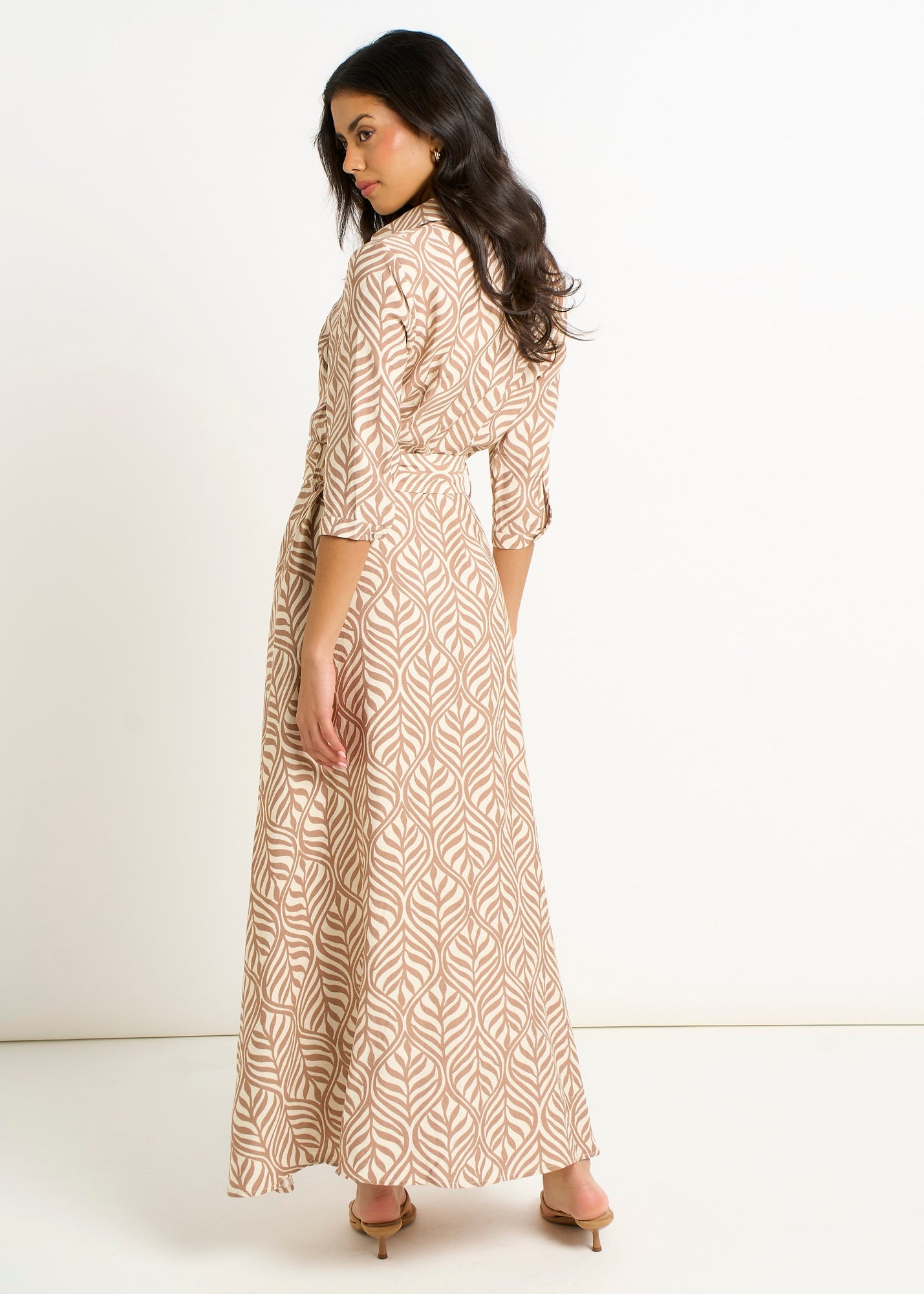 chinese dress ladies Printed Tie Neck Long Sleeve Maxi Dress Gum Leaf / S