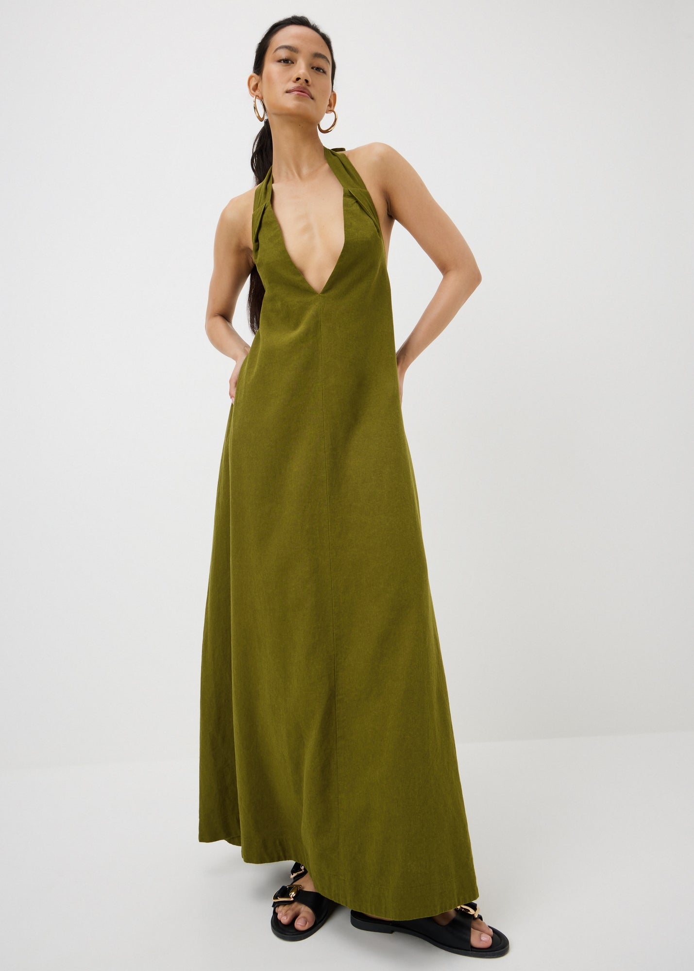 slim fit dress slacks Green Linen Blend Halter Midi Dress – Mint Velvet