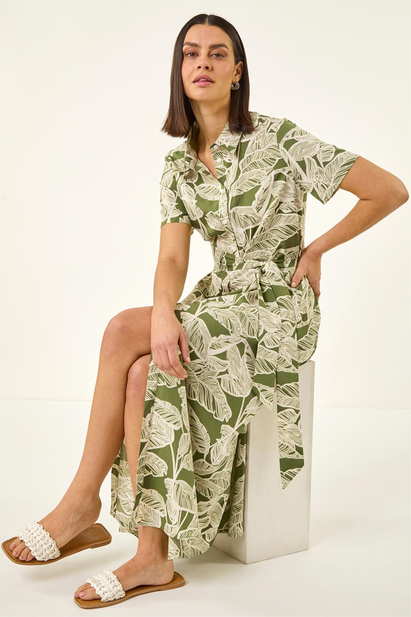 green leaf print shirt dress Green Leaf Print Midi Dress: Handmade Boho Shirt Dress with Pockets