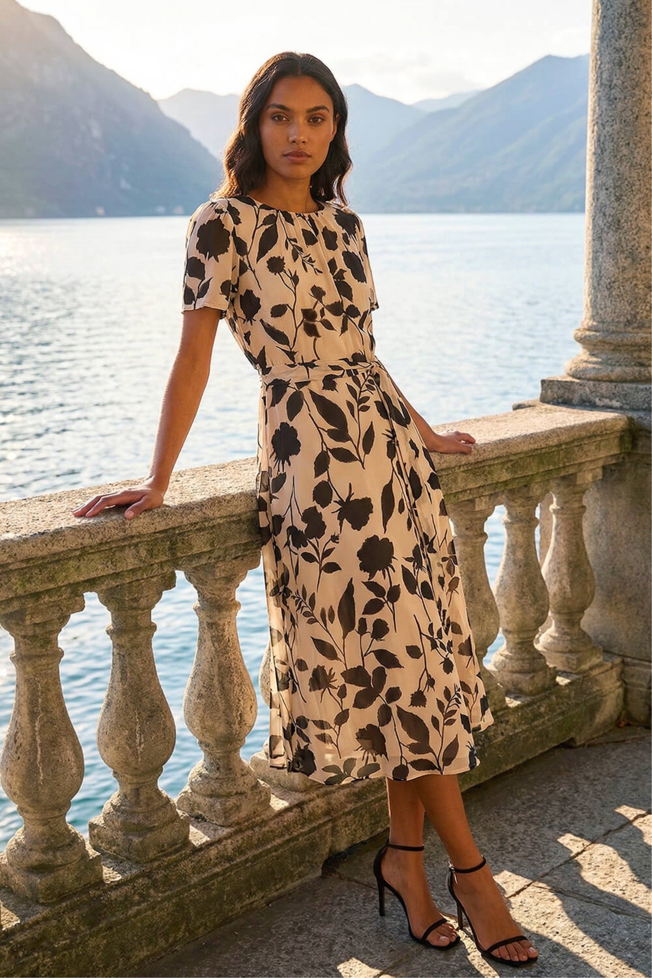navy floral print short sleeve belted wrap midi dress reviews Donna Karan Floral Print Cotton Sateen 3/4 Puff Sleeve Belted Midi Shirt Dress