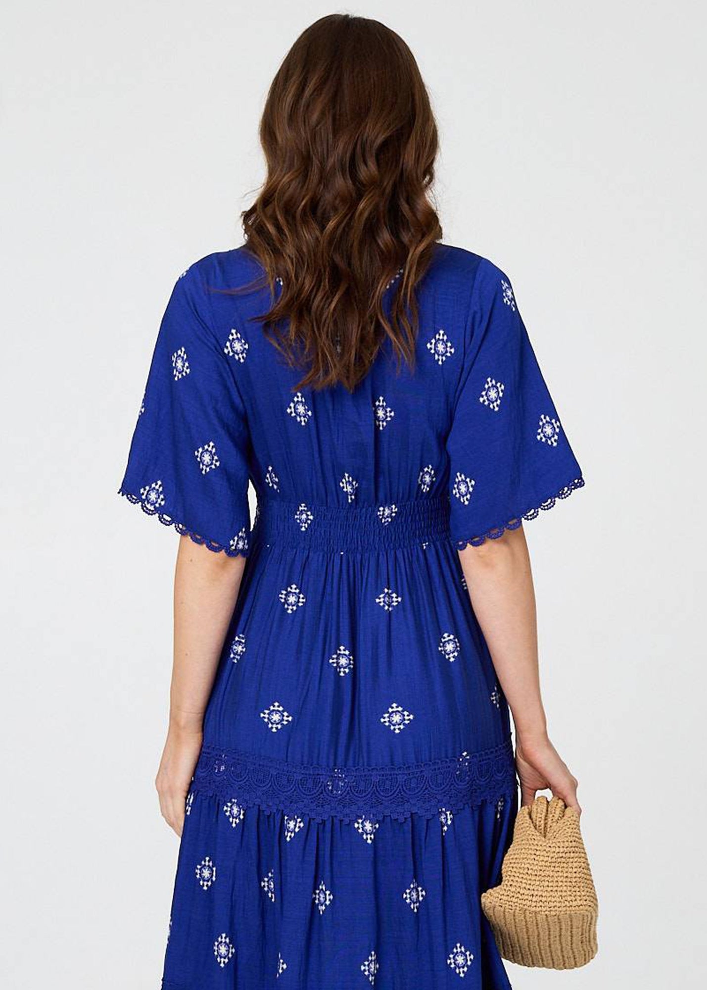 Blue Vanilla White Tropical Palm Embroidery Dress - M