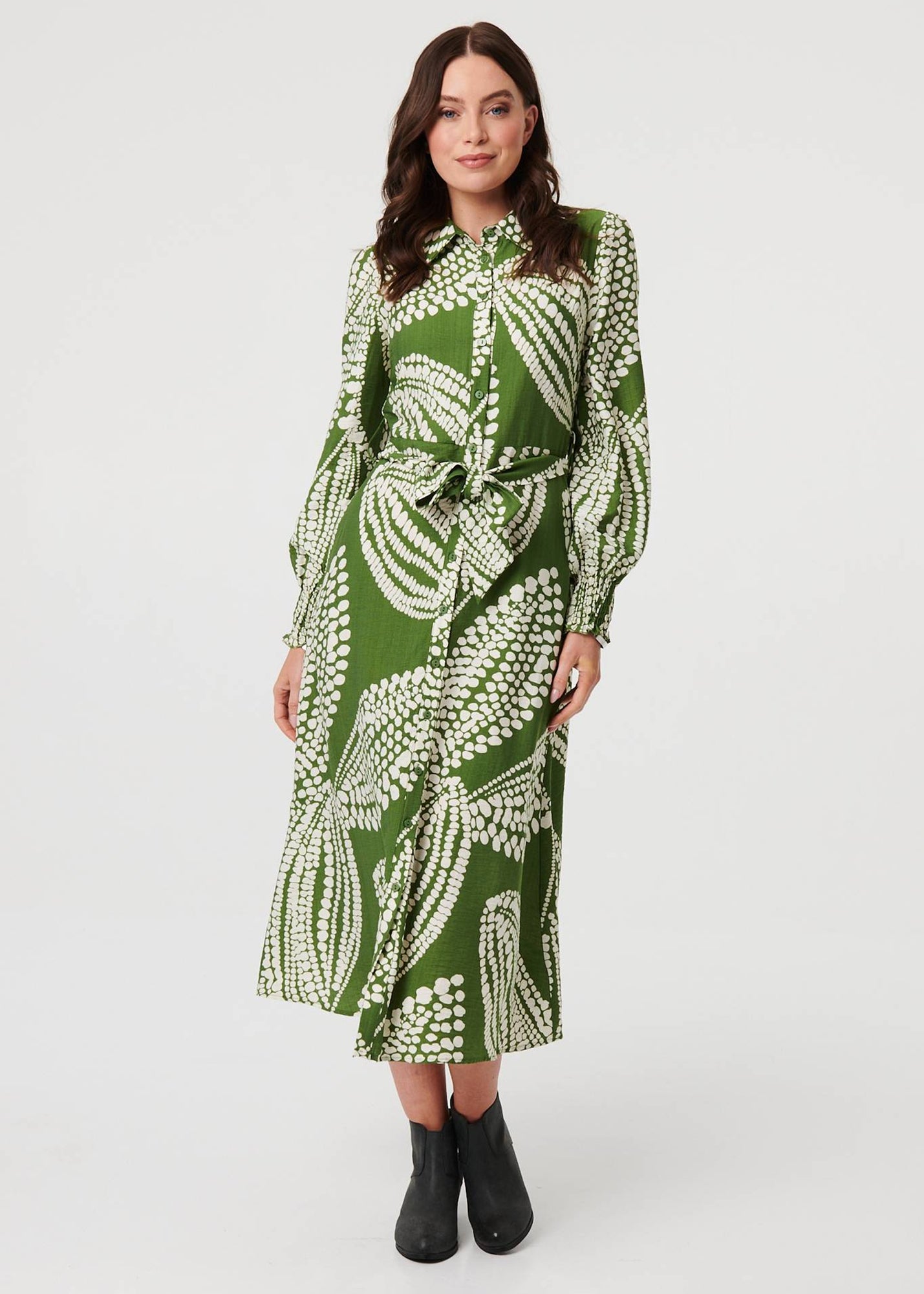 Izabel London Green Printed Balloon Sleeve Midi Shirt Dress - 8