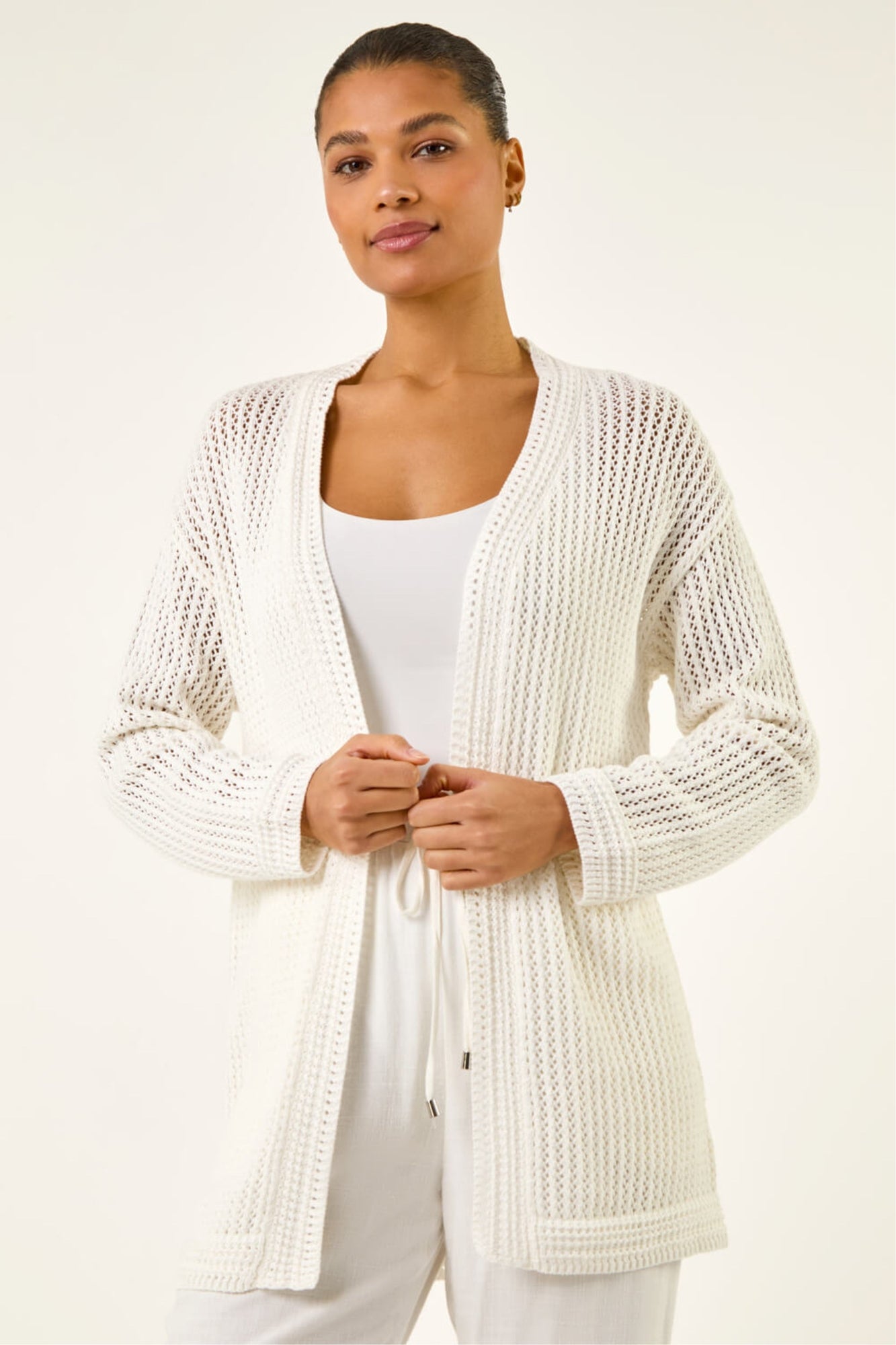 Long Tall Sally Ivory White Knit Tie Front Cardigan - Size 10-12