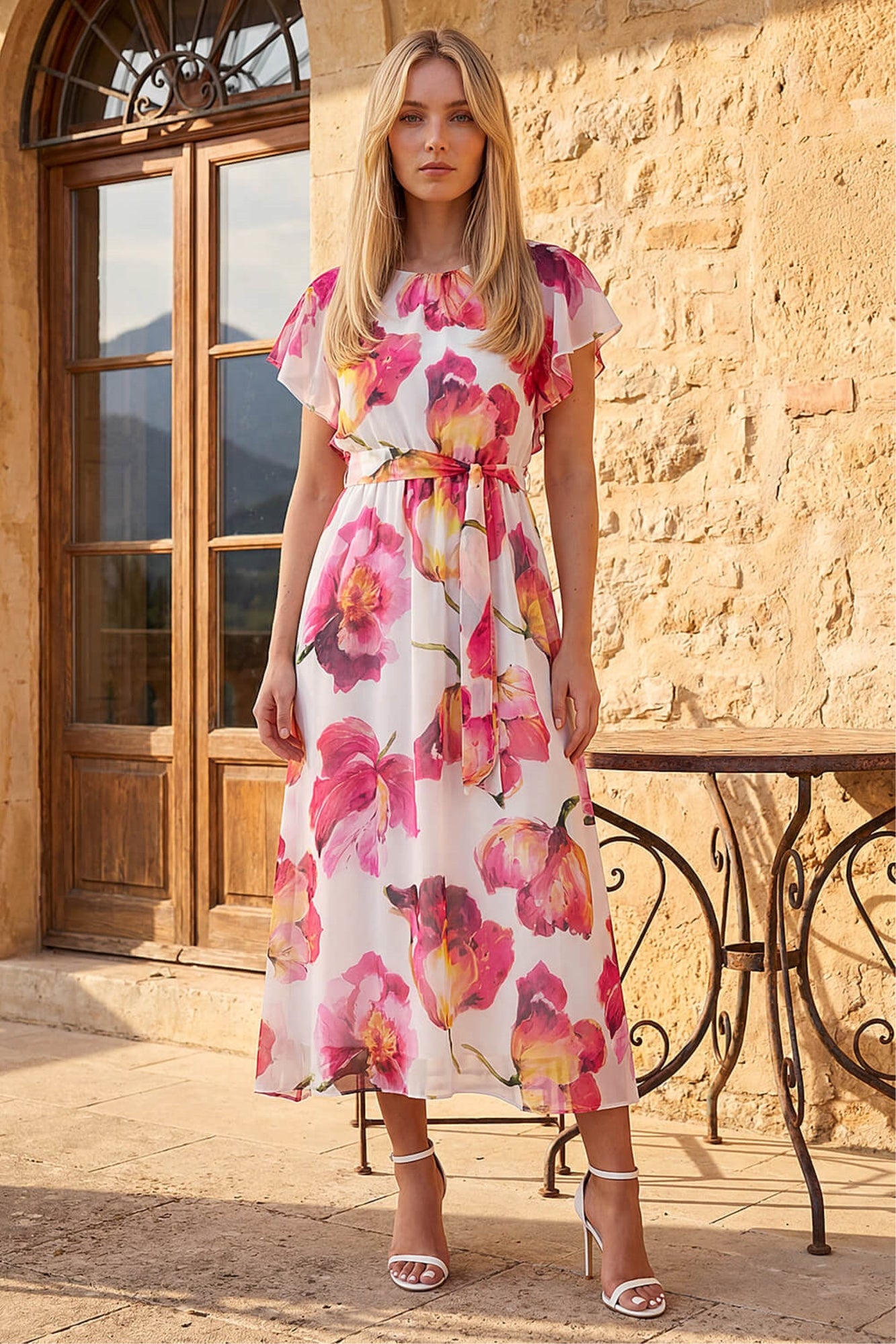 ワンピース Monotone Floral Slit Sleeve Dress Roman Ivory Floral Split Sleeve Midi Dress - 10 | Matalan