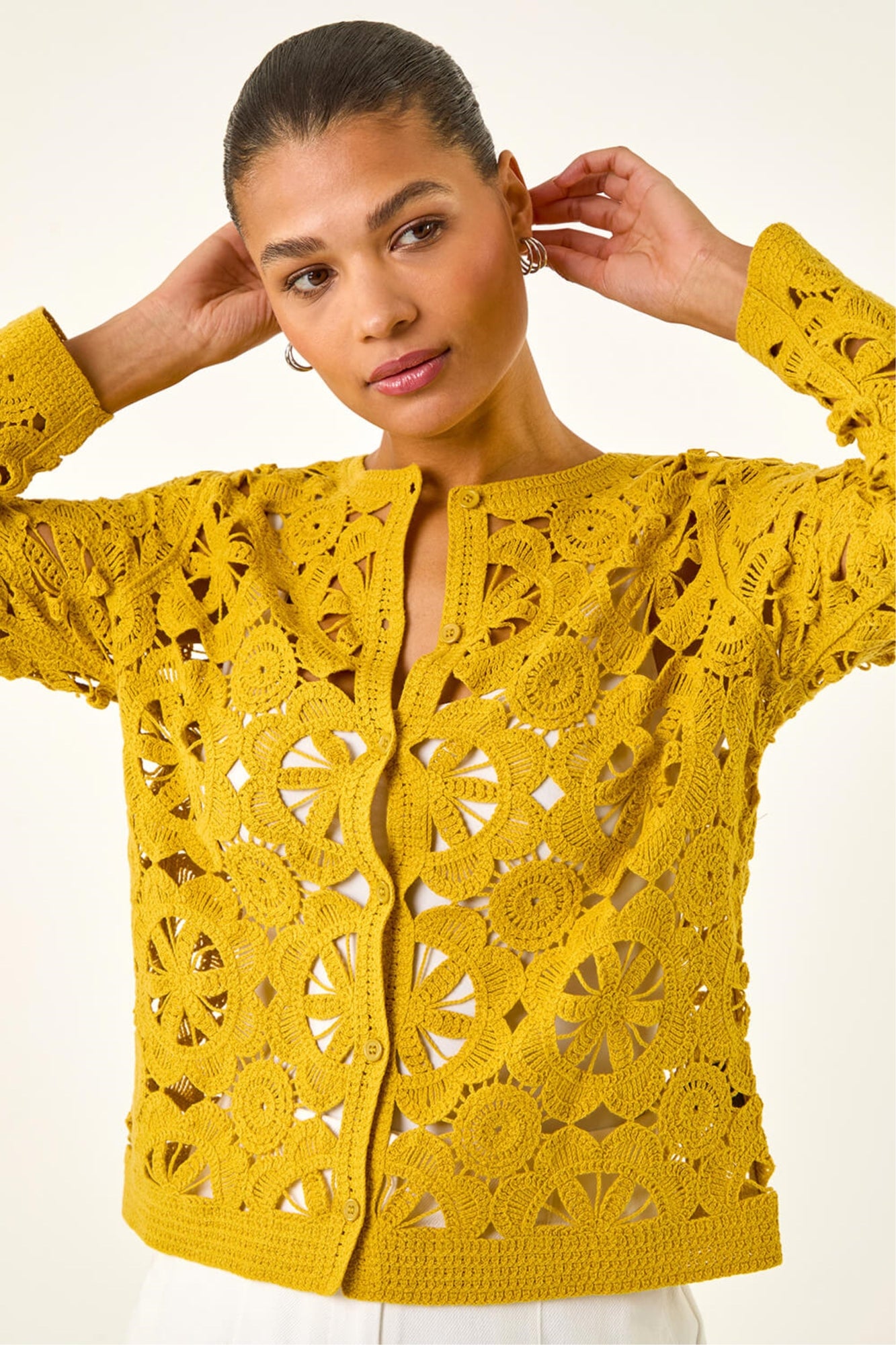 Roman Yellow Crochet Knit Cardigan - S | Matalan