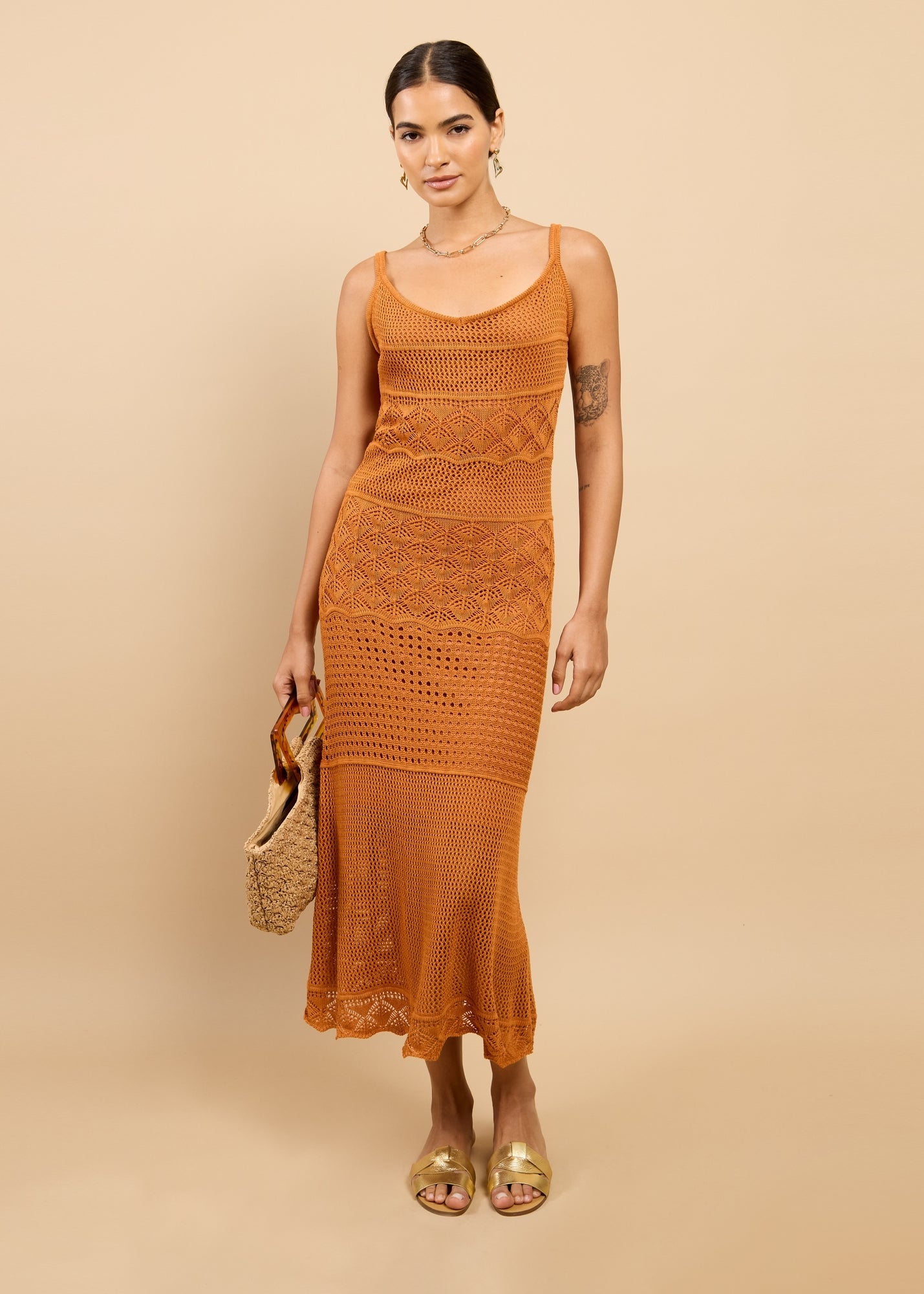 brown crochet midi dress Always Devotion Crochet Midi Dress in Gold Metallic main image 0