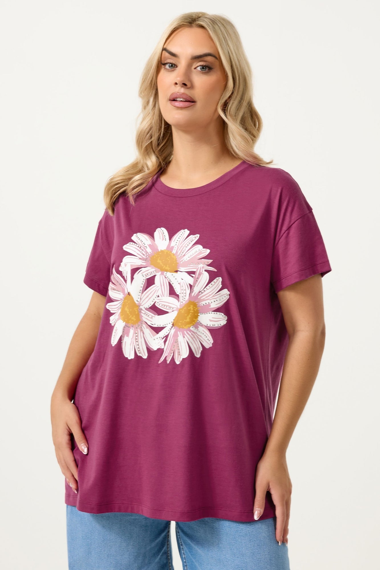 Yours Curve Pink Studded Daisy T-Shirt - 14 | Matalan