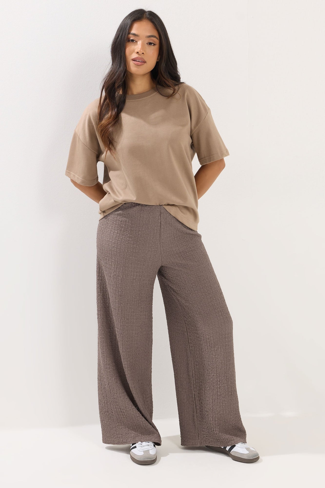 PixieGirl Petite Mocha Brown Side Stripe Wide Leg Trousers - Size