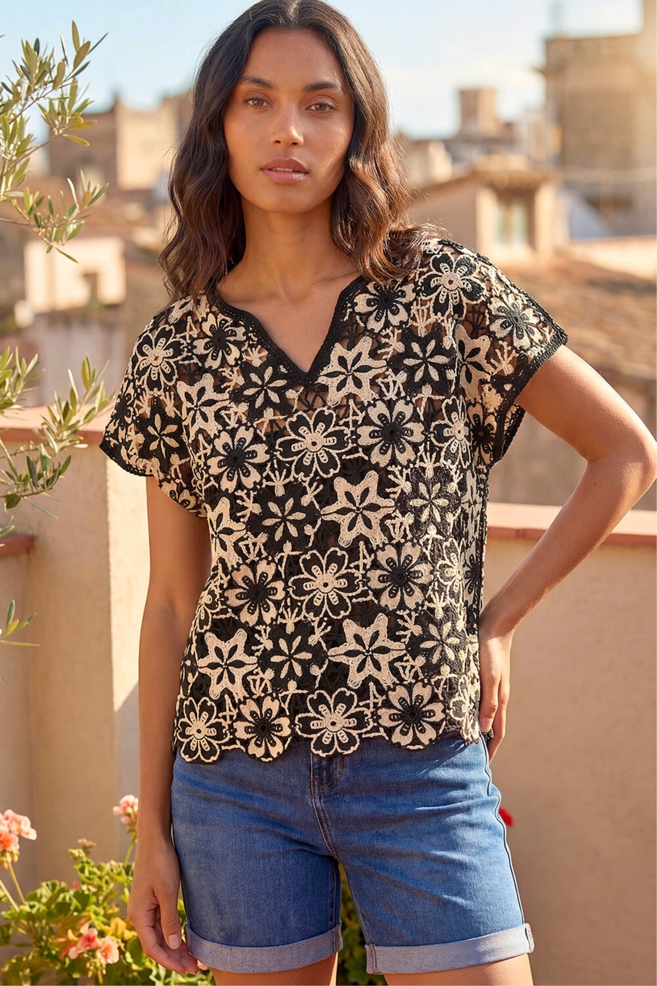 Roman Black Floral Crochet Knit Top - M | Matalan