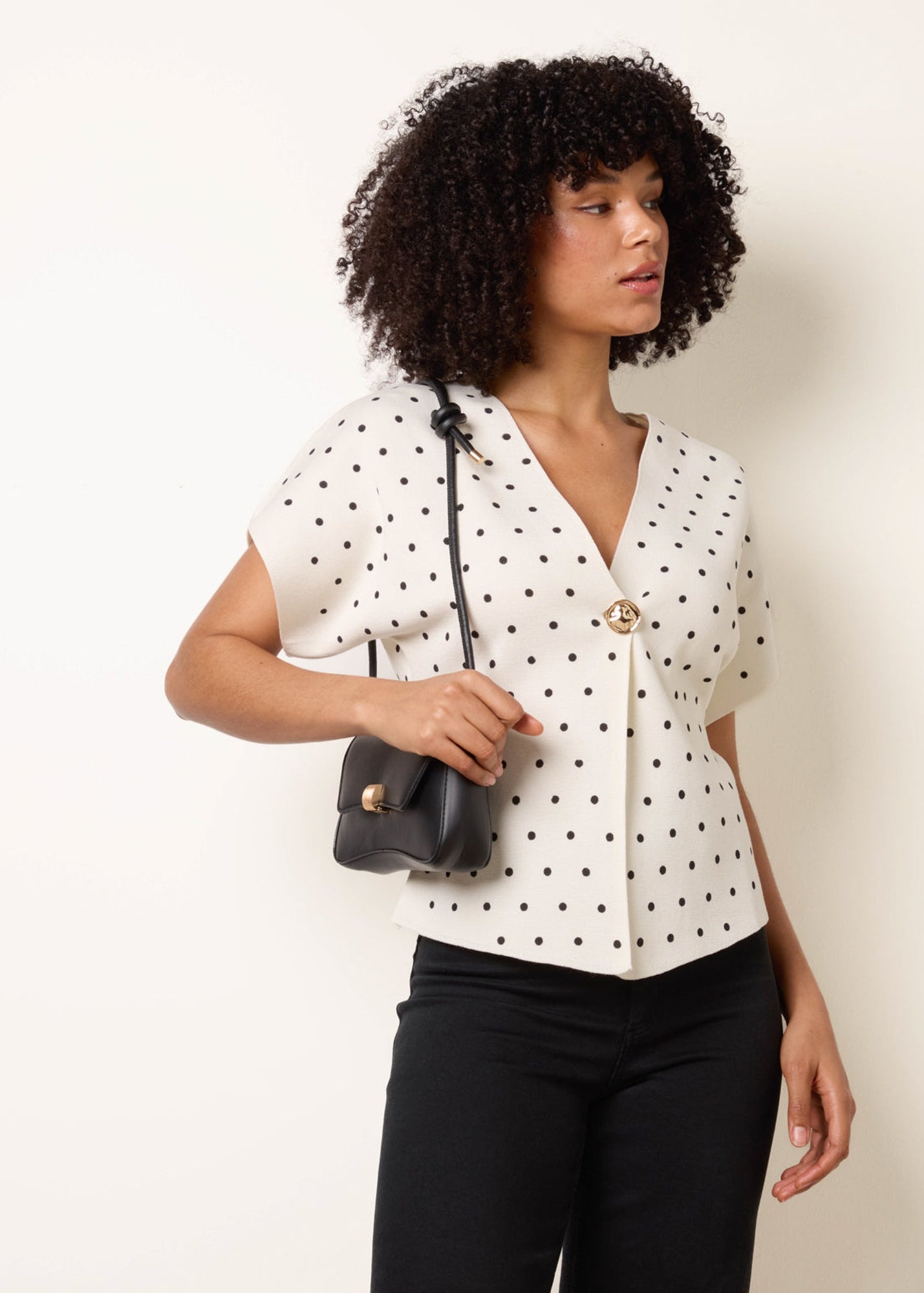 Blue Vanilla Ivory Polka Dot Short-Sleeve Knit Cardigan Top - S/M