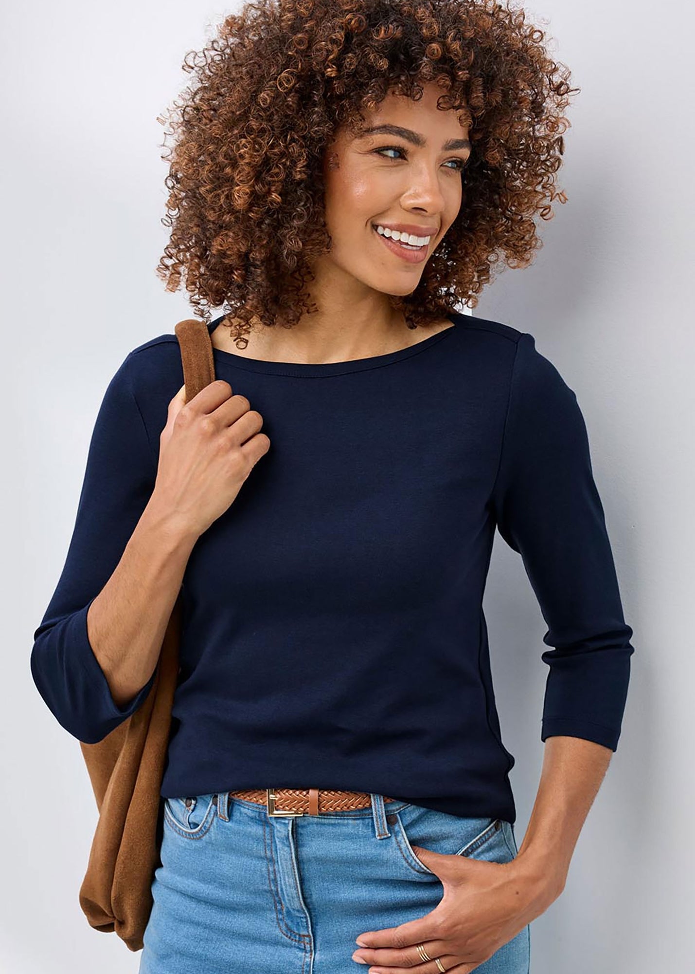 Cotton Traders Navy Wrinkle Free Boat Neck Top - 16