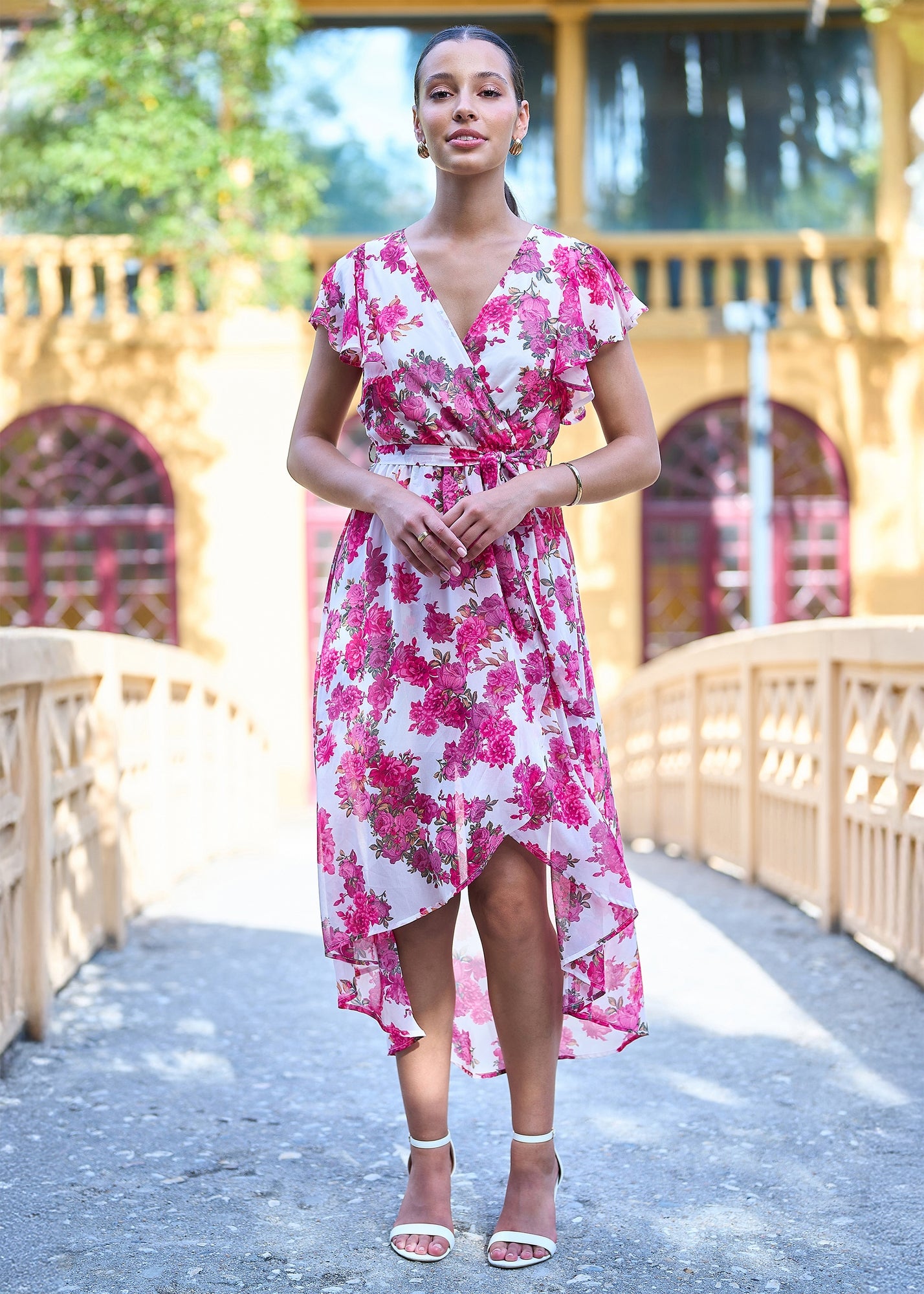 pink dipped hem dress Annie Pink Floral One Shoulder Dipped Hem Dress