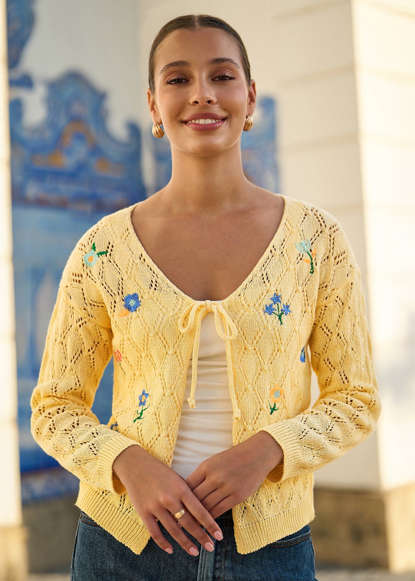 Yumi Butter Yellow Embroidered Pointelle Cardigan - M | Matalan