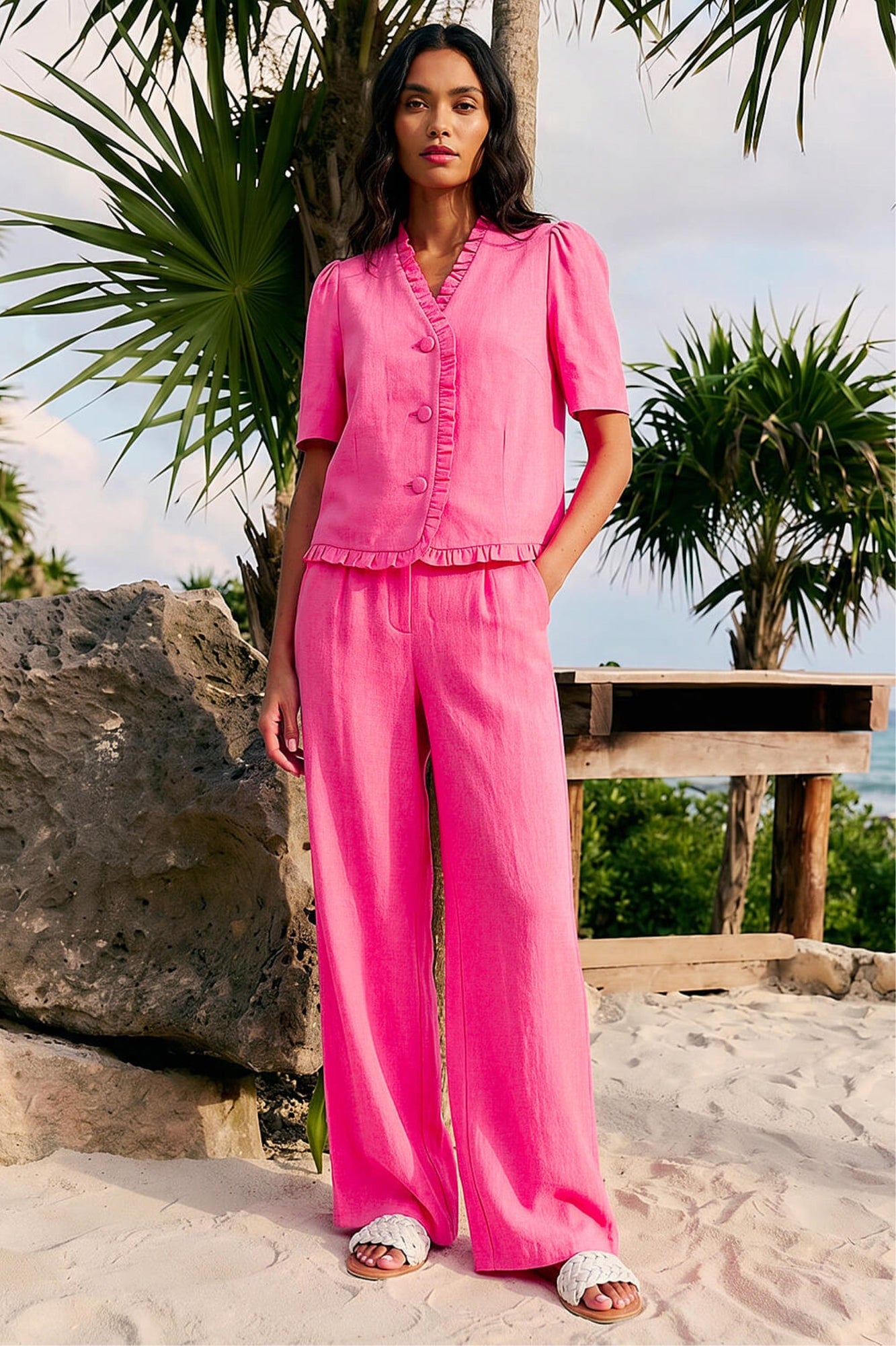 Roman Pink Linen Mix Wide Leg Trousers - 18 | Matalan
