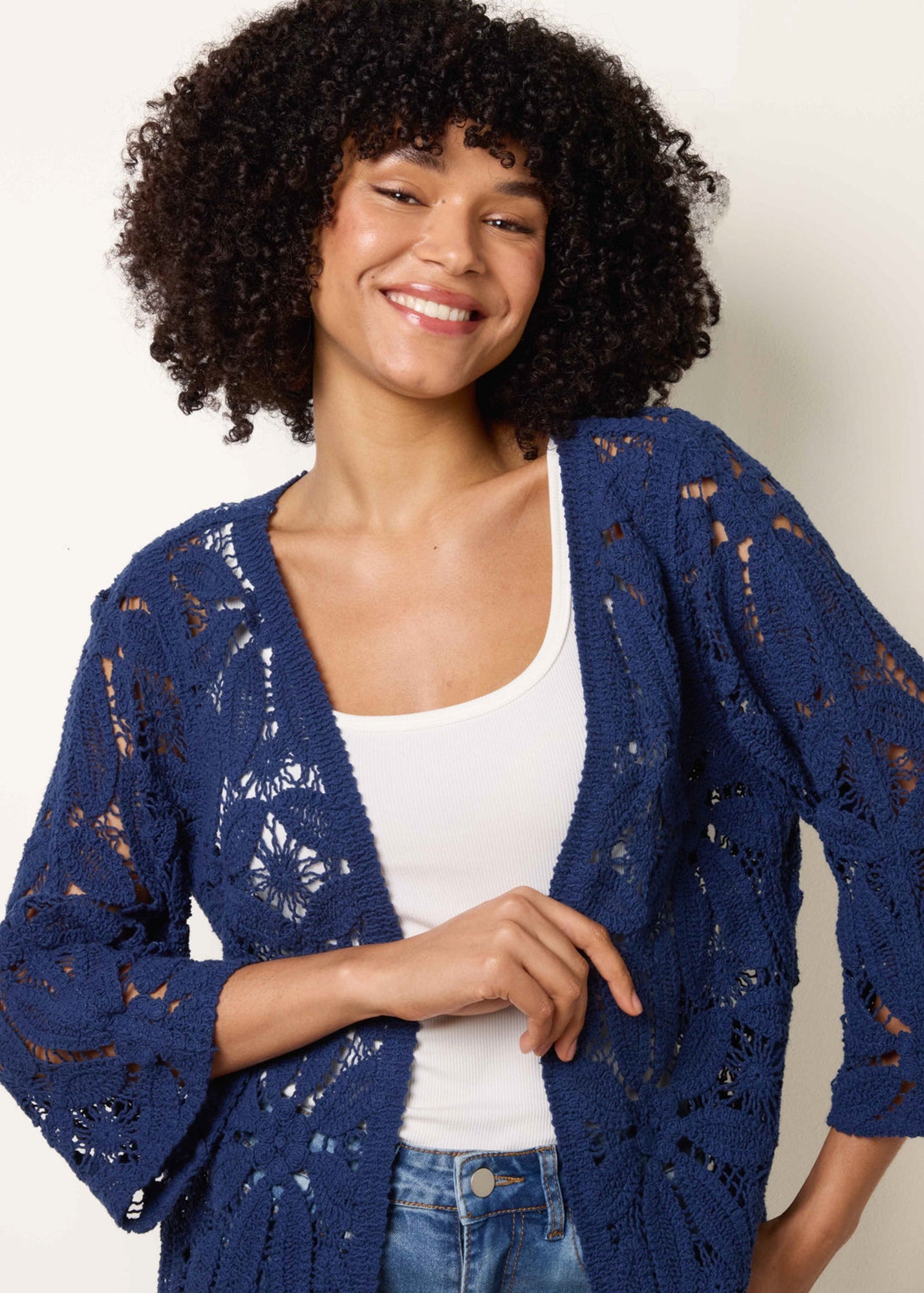 Yumi Navy Crochet Top With Front Ruching - S | Matalan