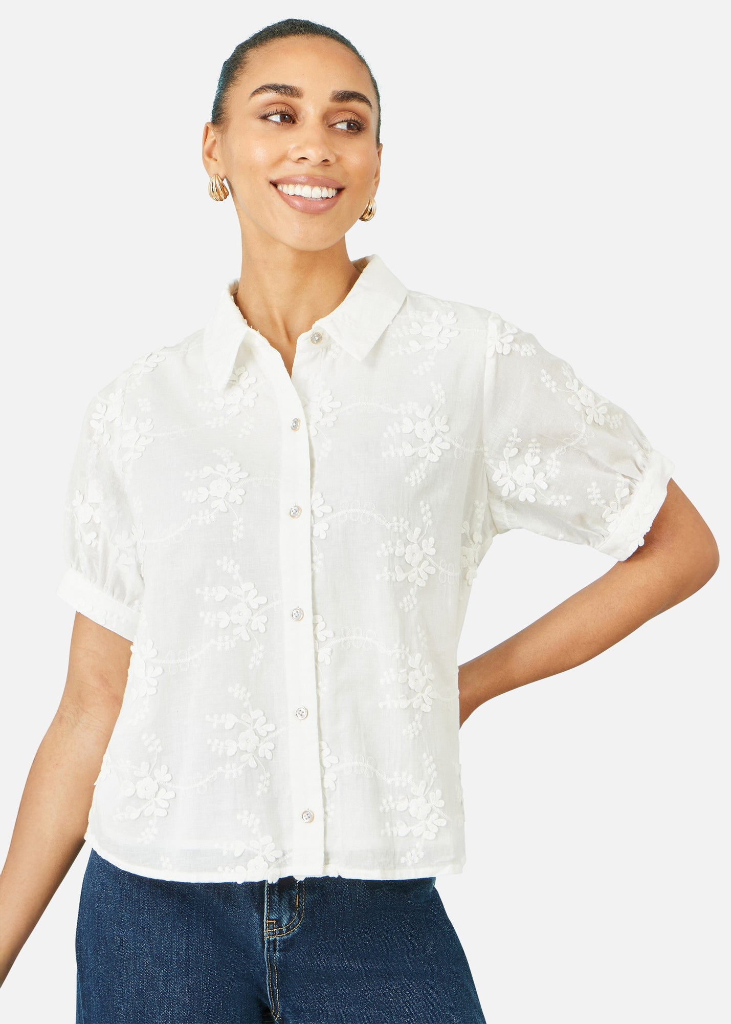 Yumi White Cotton Flower Applique Shirt - 14 | Matalan