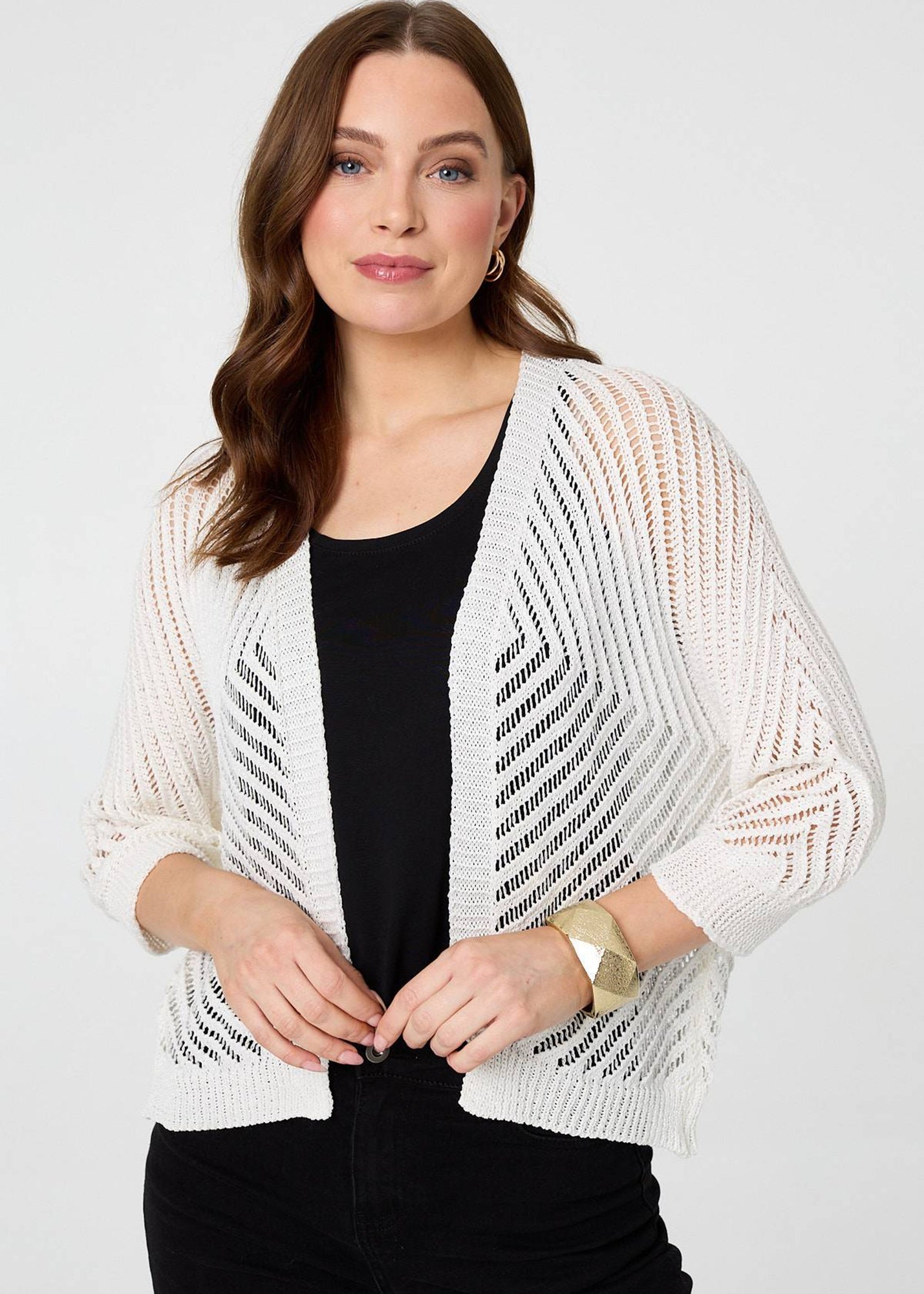 Izabel London White Chevron Texture Mesh 1/2 Sleeve Cardigan - S