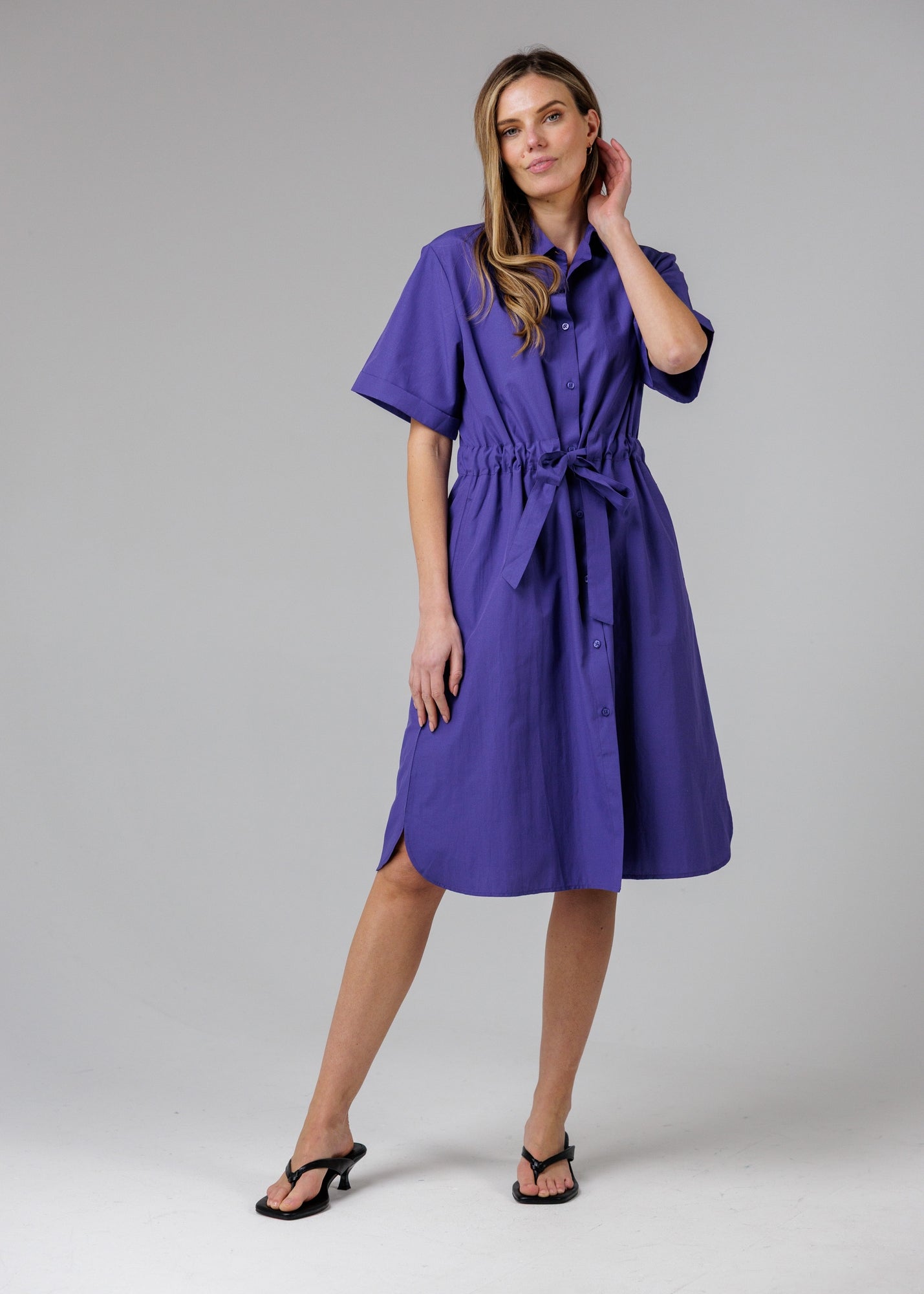 French Connection Blue Cotton Blend Short Sleeve Tie Waist Poplin